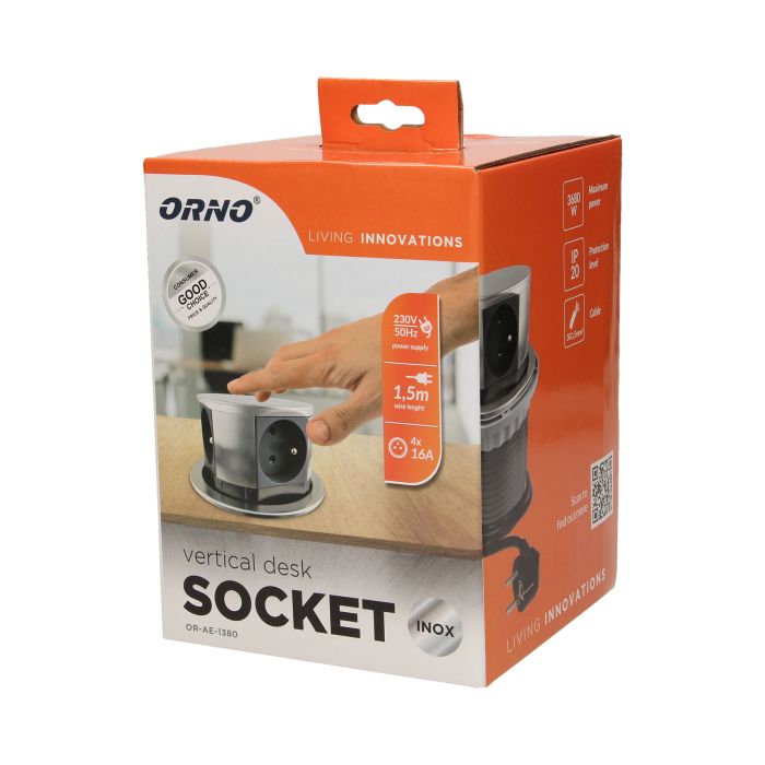 Gniazdo meblowe Ø10cm wysuwane z blatu z przewodem 1,5m, 4x2P+Z czarne/inox 1