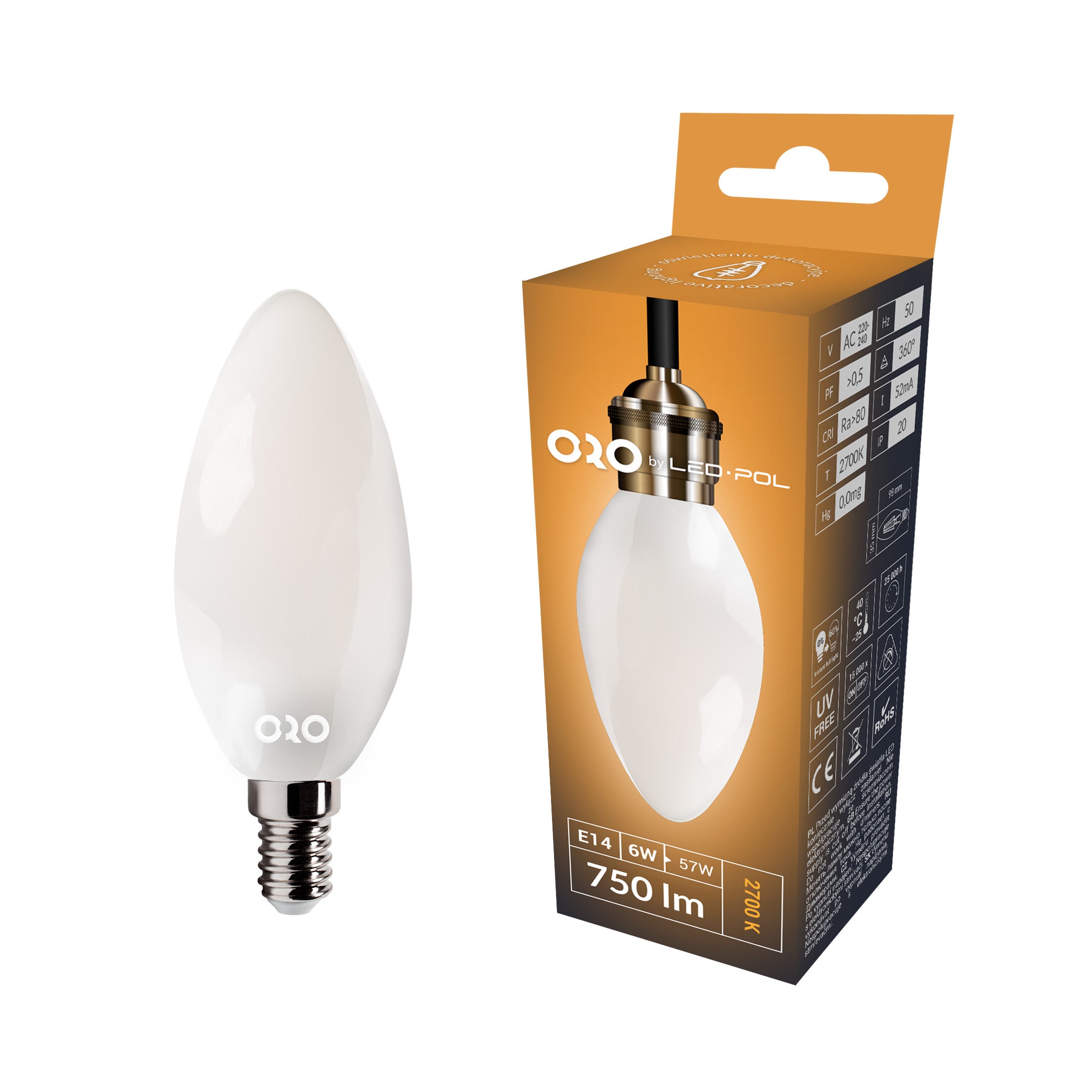 Żarówka LED E14 świeca filament C35 6W 750lm 2700K mleczny 3