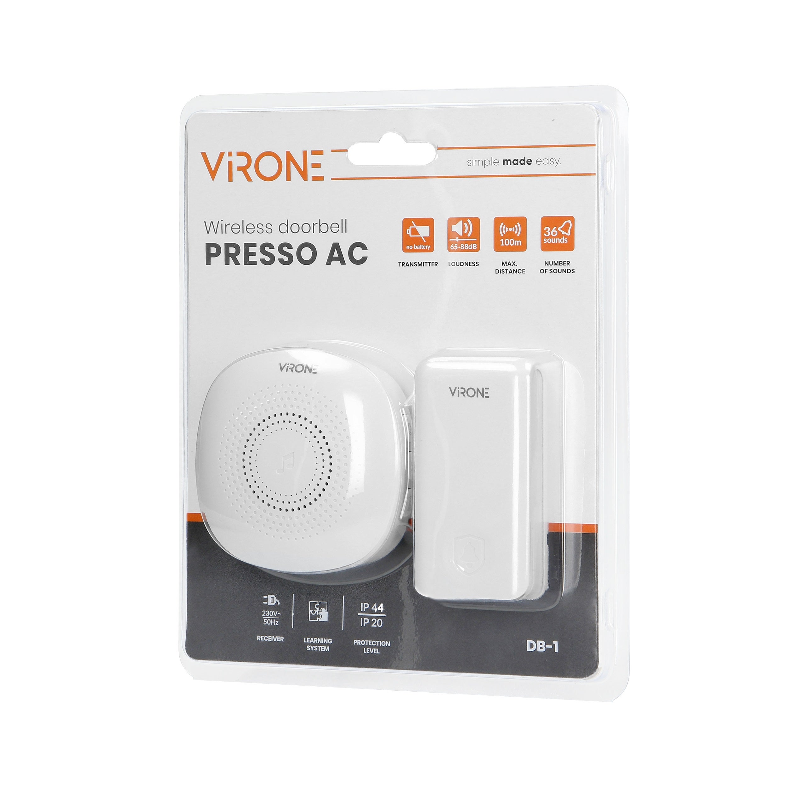 Dzwonek bezprzewodowy Presso AC z przyciskiem kinetycznym 100m 36 dźwięków 1