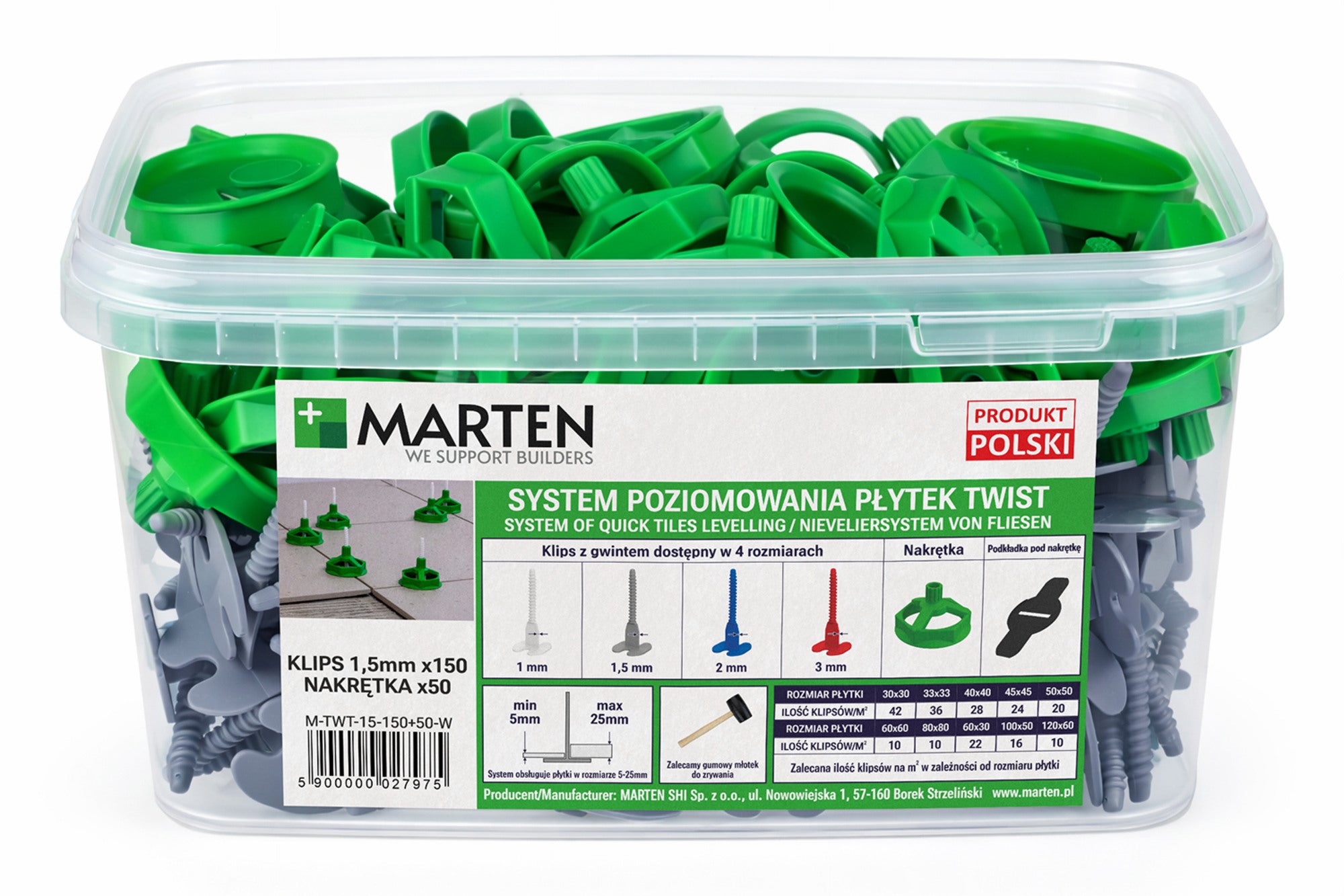 Marten system poziomowania Twist Gwint 1,5 mm 150 sztuk + nakrętka 50 sztuk 