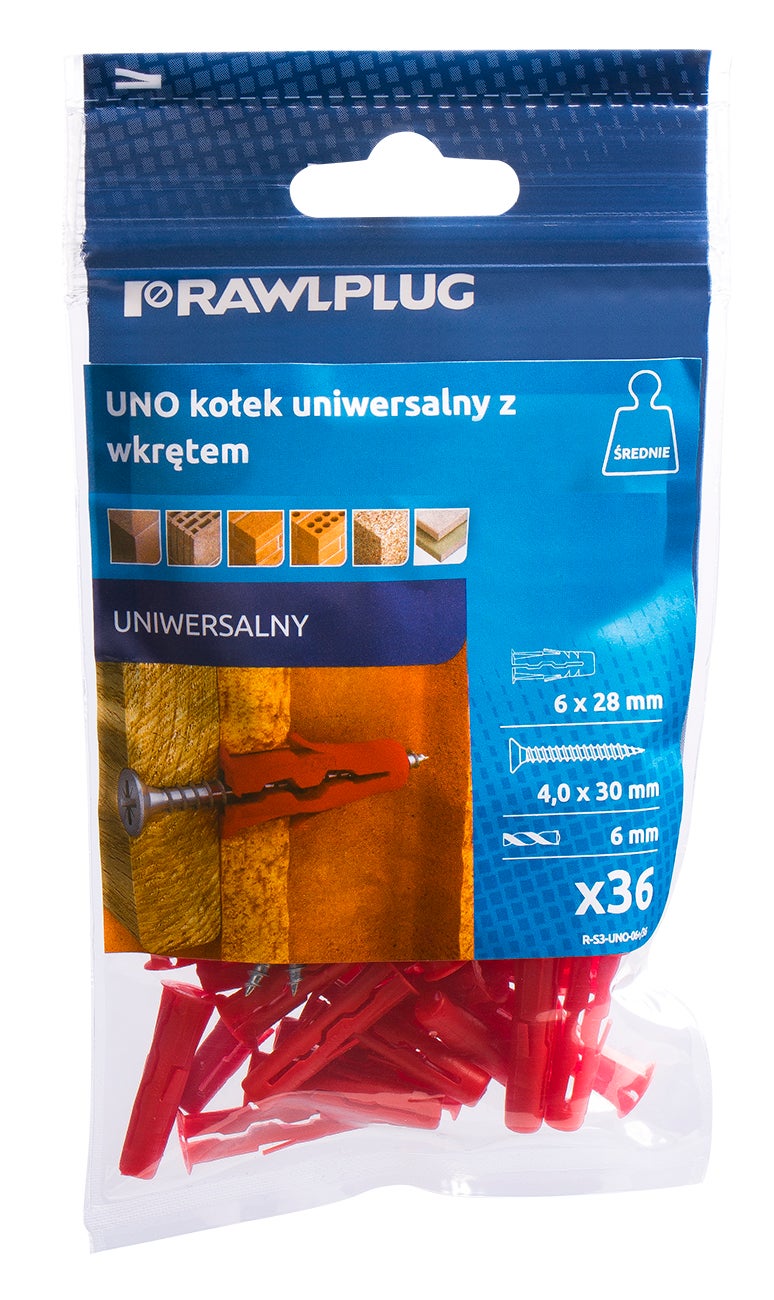 Kołek uniwersalny UNO 6x28 mm z wkrętem 4.0x30 mm (36 szt.) 1