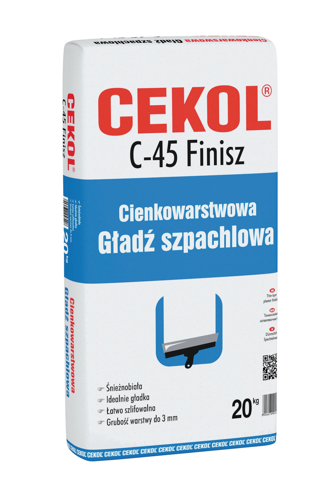 Gładź szpachlowa polimerowa Cekol C-45 Finisz 20 kg, extra biała 0