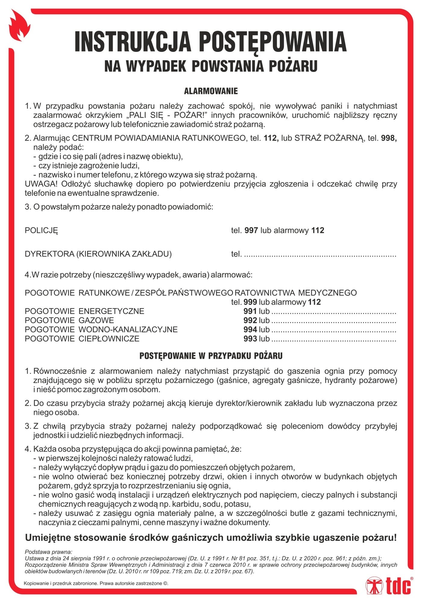 Znak informacyjny INSTRUKACJA POSTEPOWANIA W PRZYPADKU POŻARU