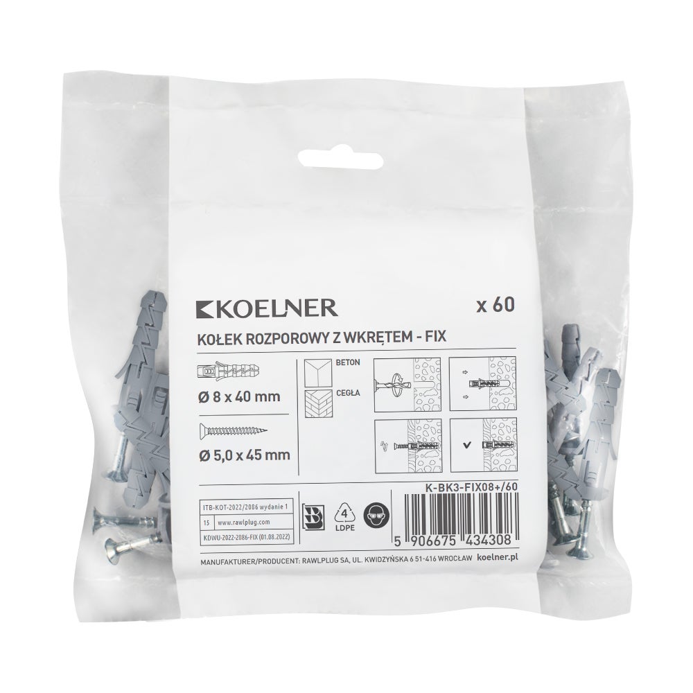 Kołek rozporowy FIX 8x40 mm z wkrętem (60 szt.) 1