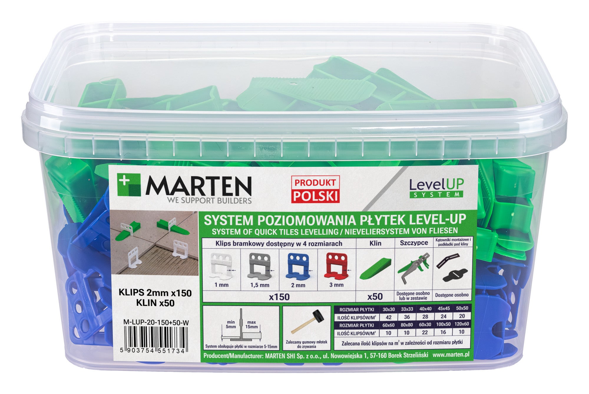 Marten system poziomowania Level Up bramka 2mm 150 sztuk + klin 50 sztuk  