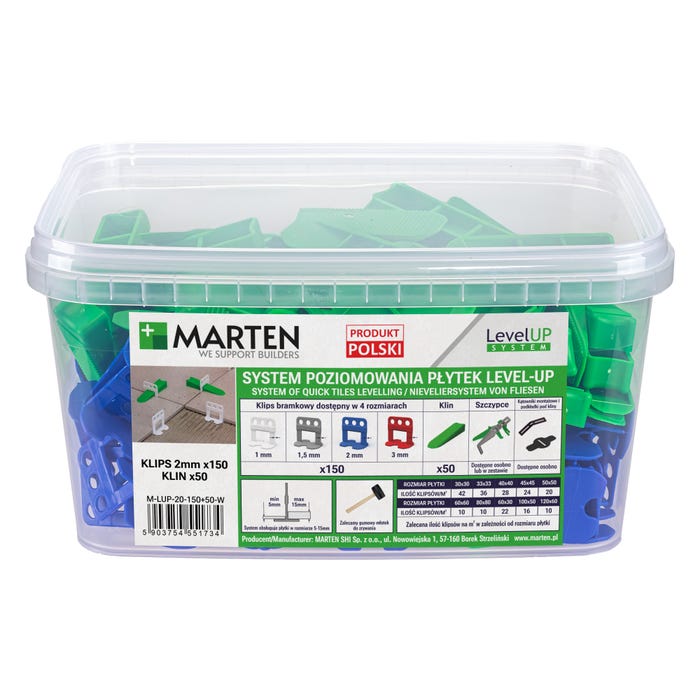 Marten system poziomowania Level Up bramka 2mm 150 sztuk + klin 50 sztuk