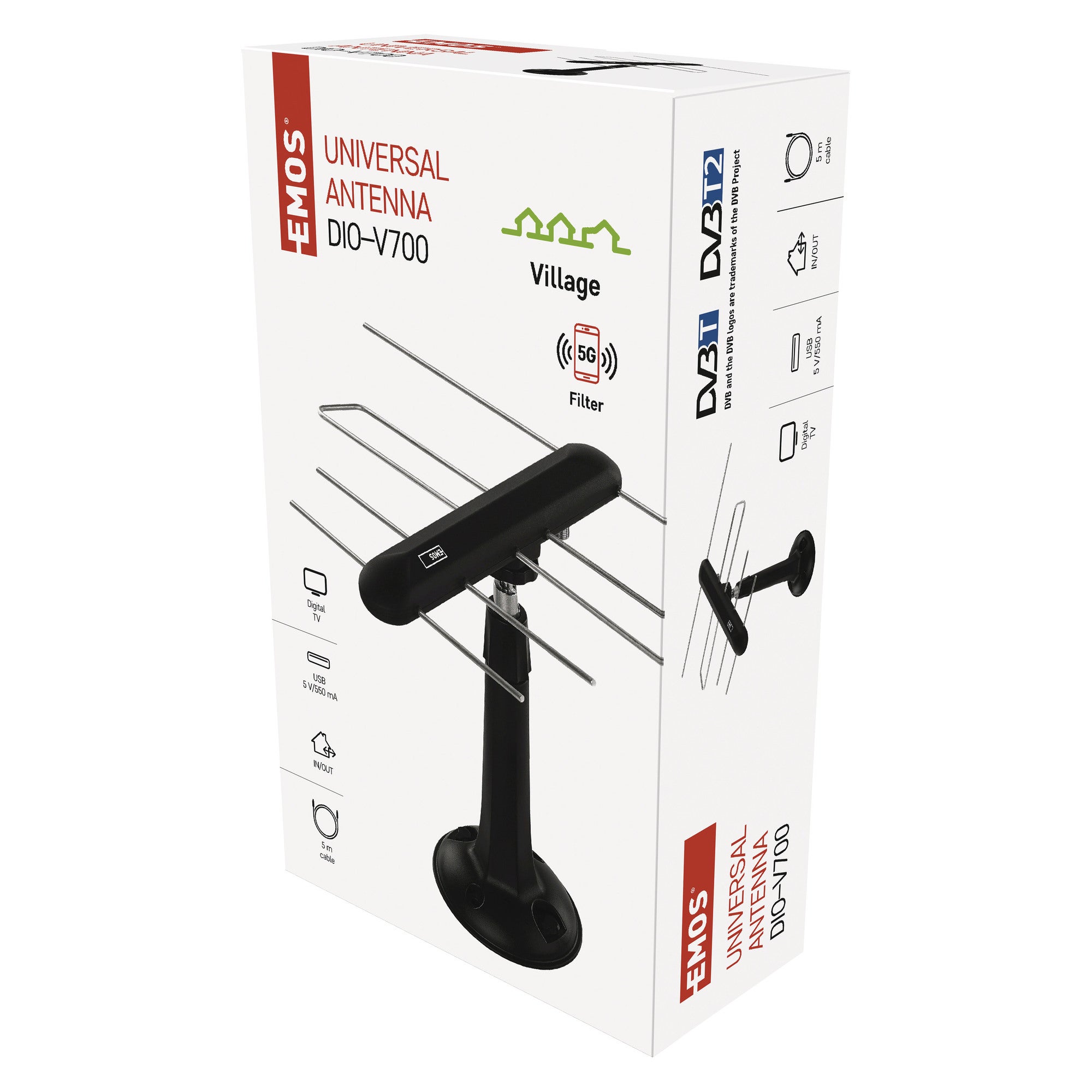 Antena uniwersalna do wewnątrz i na zewnątrz EM-DIO3, zasięg 80 km, DVB-T2, filtr LTE/4G/5G  1