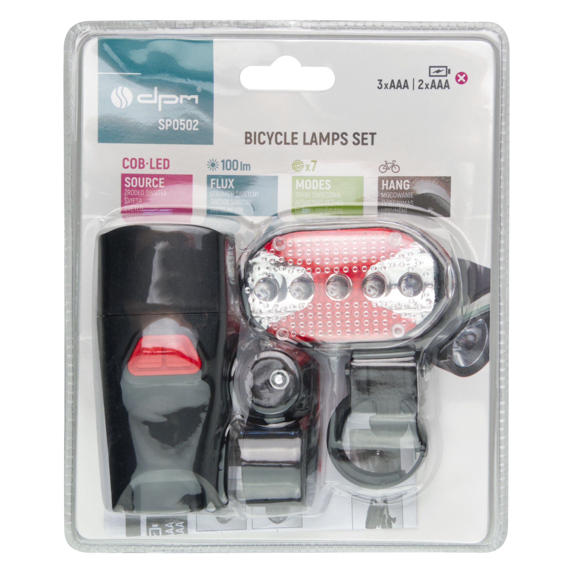 Zestaw latarek rowerowych przód+tył 5xAAA 100lm 9