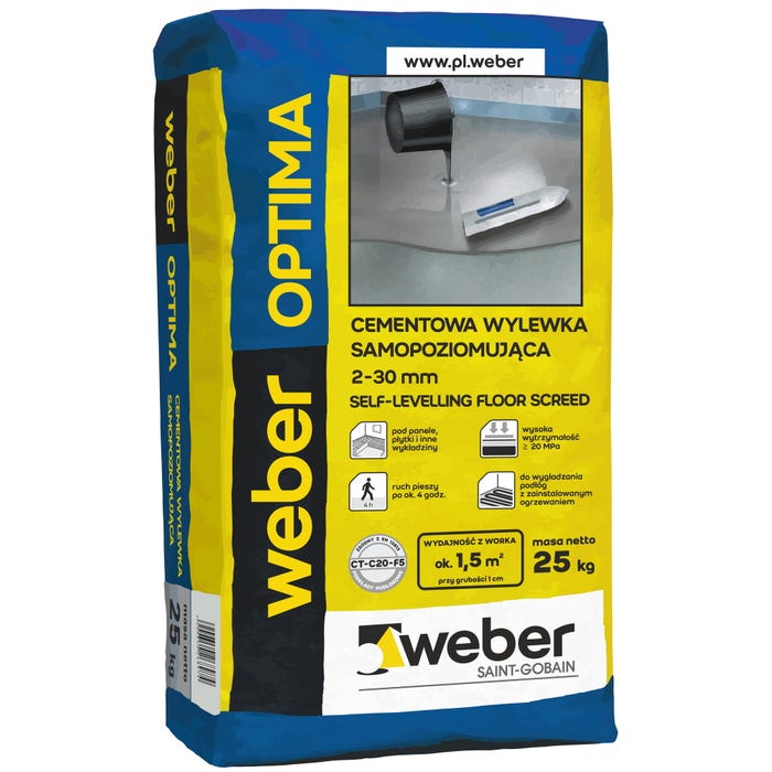Wylewka samopoziomująca Weber Optima, CT-C20-F5 25 kg, szybkowiążąca, 2-30 mm