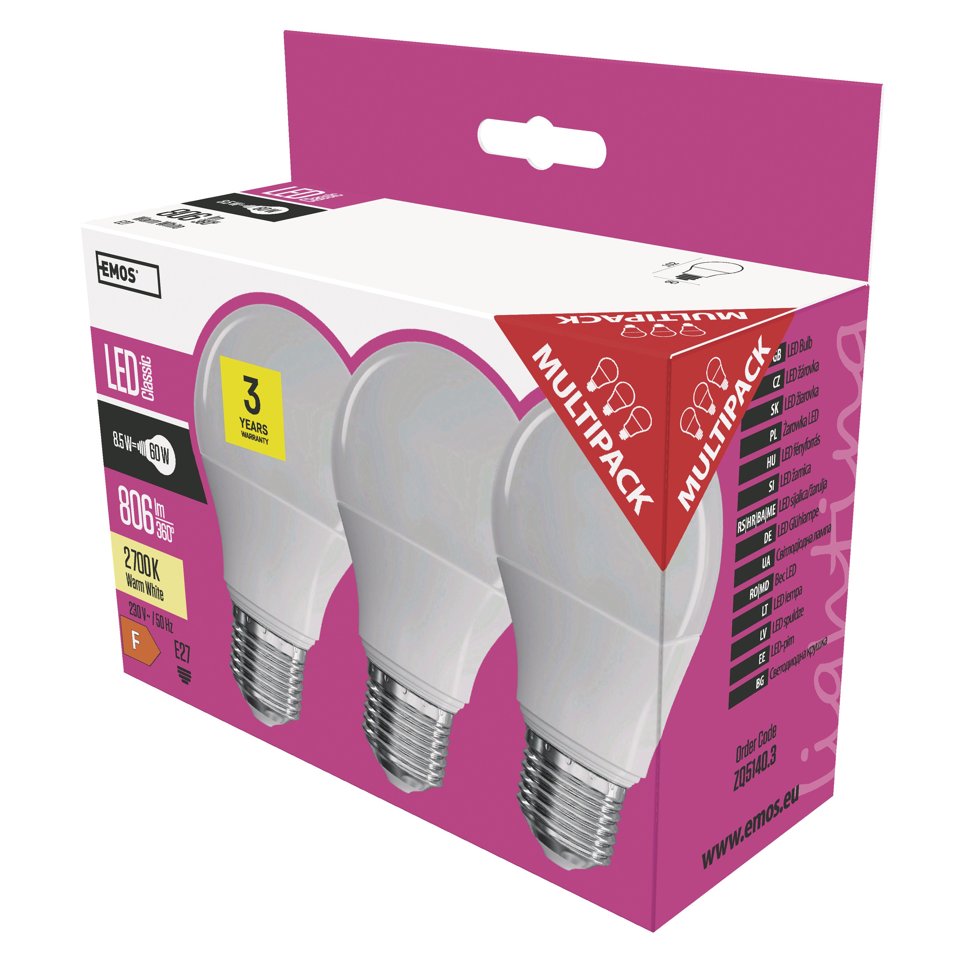 3x żarówka LED E27 A60 7W 806lm 3000K 2