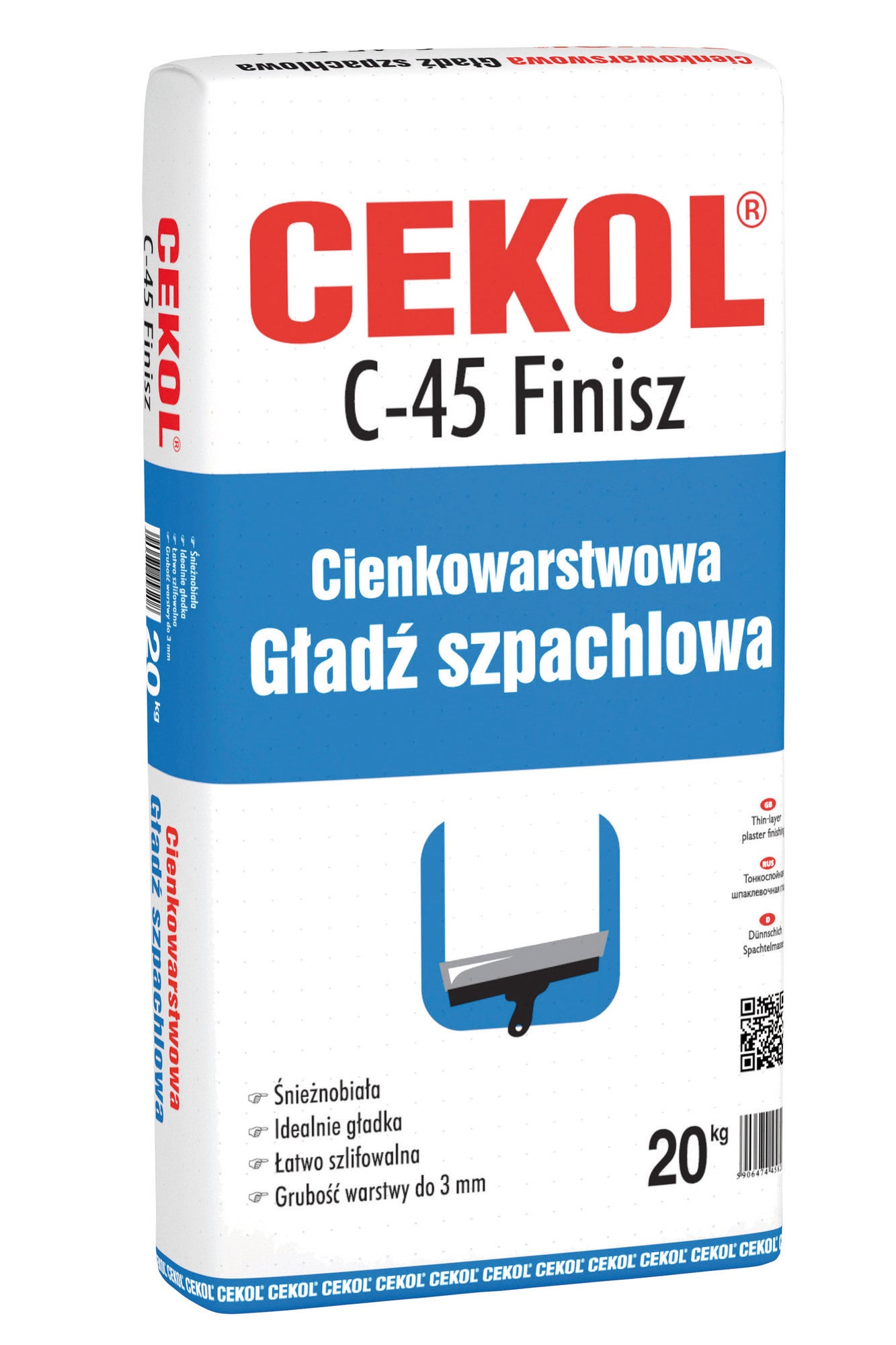 Gładź szpachlowa polimerowa Cekol C-45 Finisz 20 kg, extra biała 1