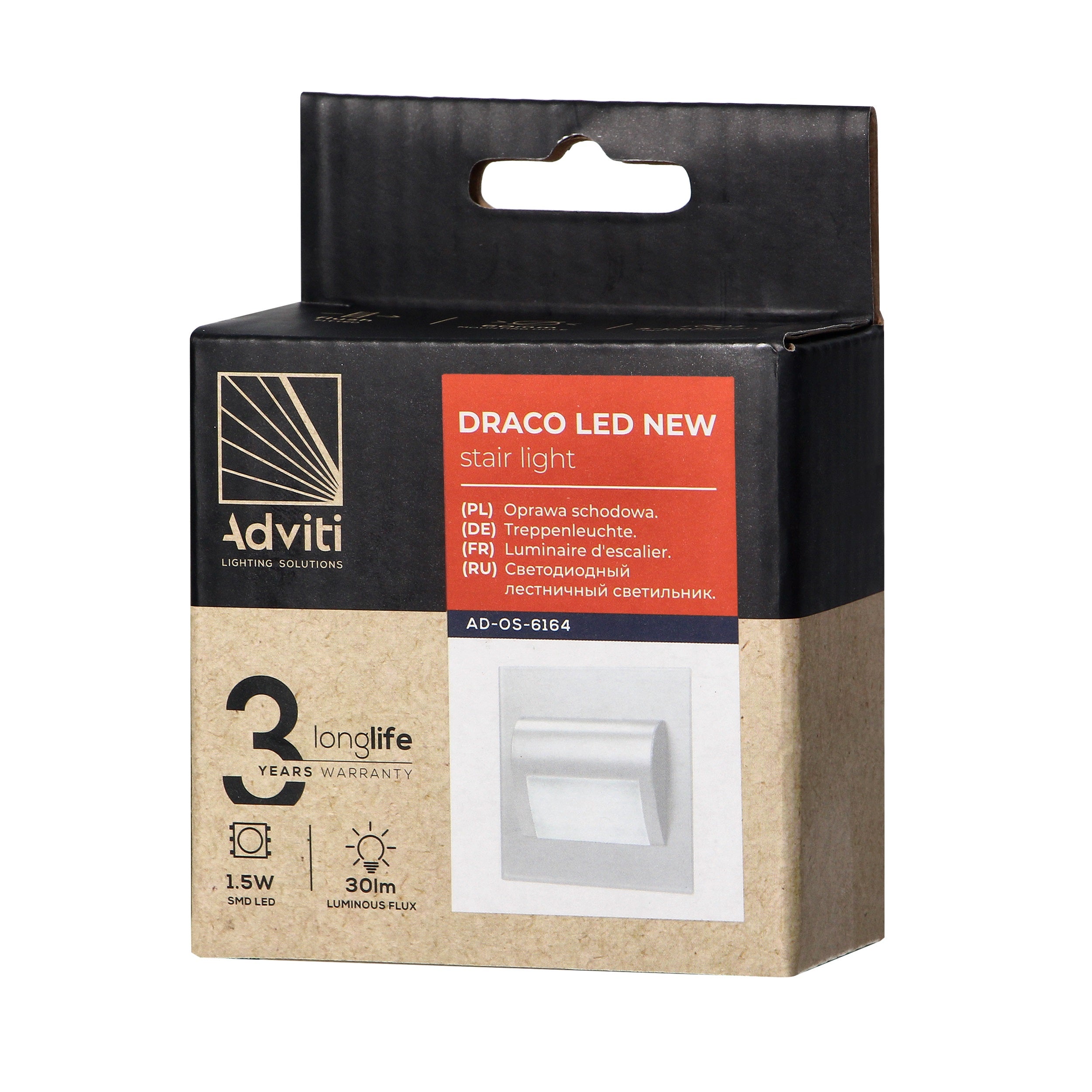 Oprawa schodowa podtynkowa puszka fi60, biała, 1,5W, 30Lm, 3000K, zasilanie 12V DC 1