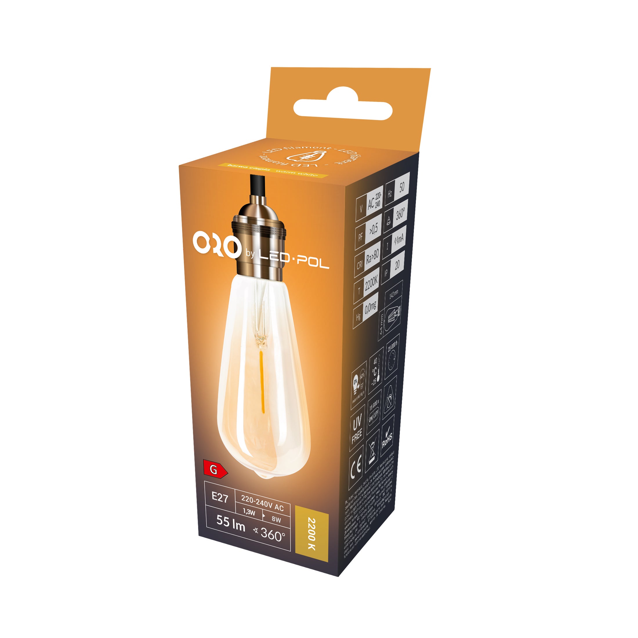 Żarówka LED E27 Filament 1,3W 55Lm 2200K ST64 bakłażan bursztynowa 3