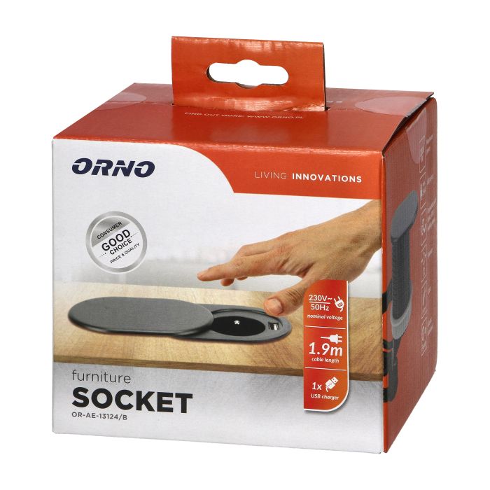 Gniazdo meblowe Ø6cm czarne, wpuszczane w blat z przesuwną pokrywką, ładowarką USB i przewodem 1,9m, 1x2P+Z, 1xUSB (2,4A), 3x1mm² 1