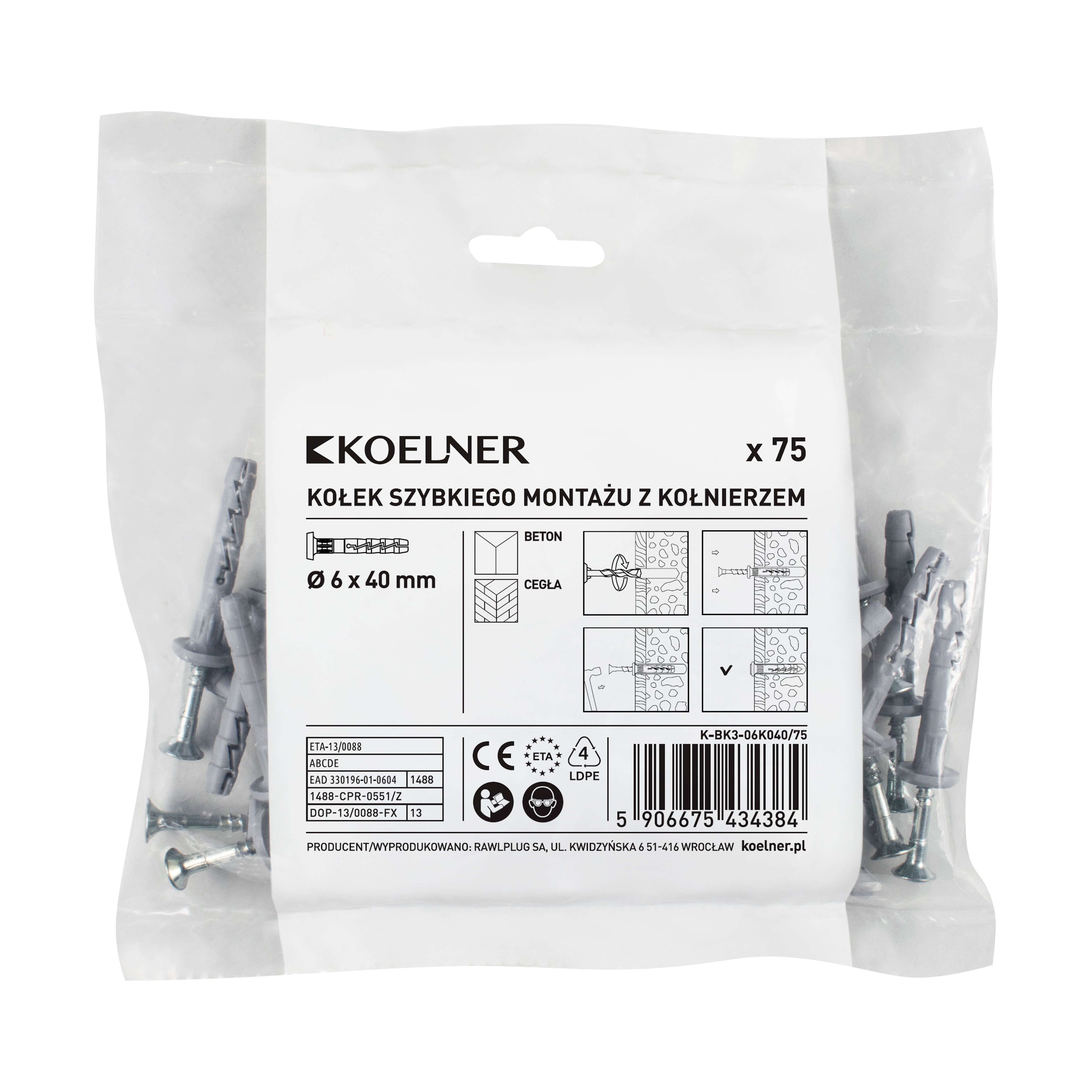 Kołek szybki montaż 6x40 mm z kołnierzem (75 szt.) 2