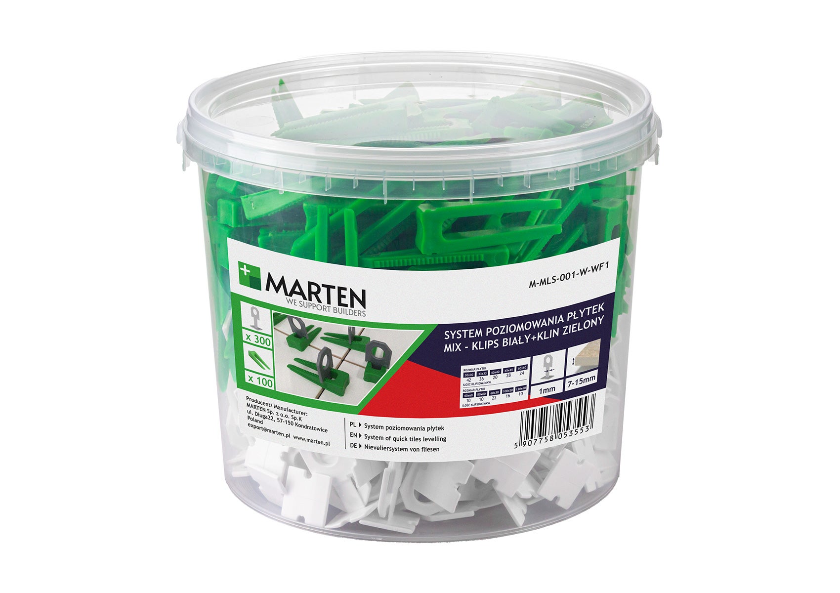 System poziomowania MIX: klipsy białe 1mm 300 szt. + kliny zielone 100 szt. 2