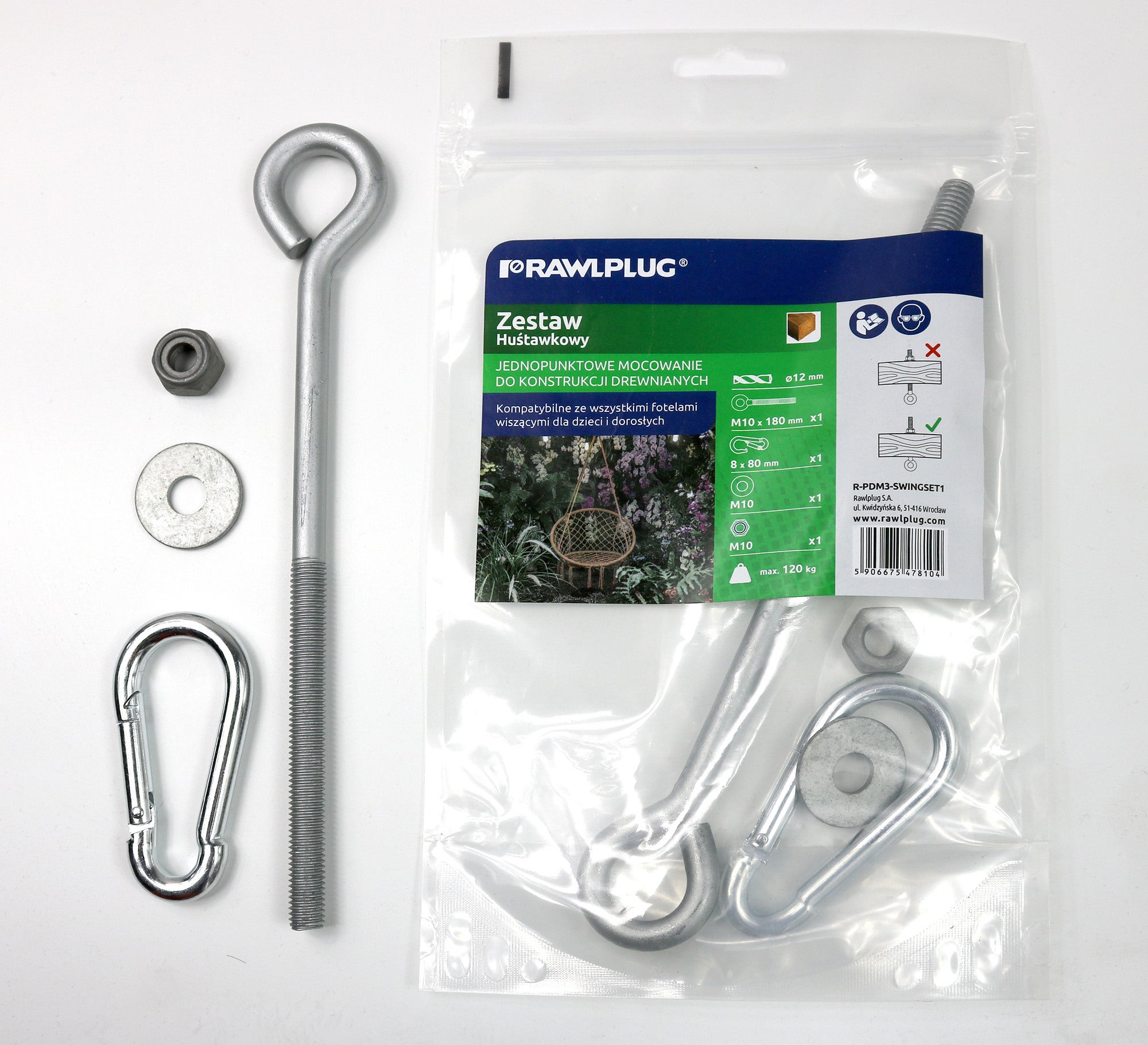 Zestaw huśtawkowy. Jednopunktowe mocowanie do konstrukcji drewnianych