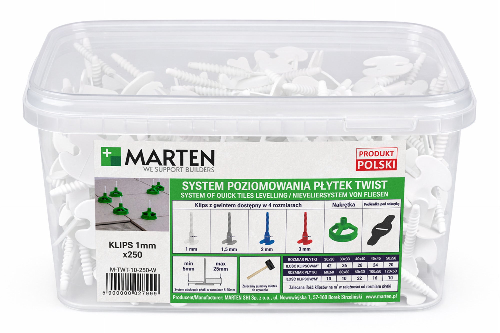 Marten system poziomowania Twist Gwint 1 mm 250 sztuk