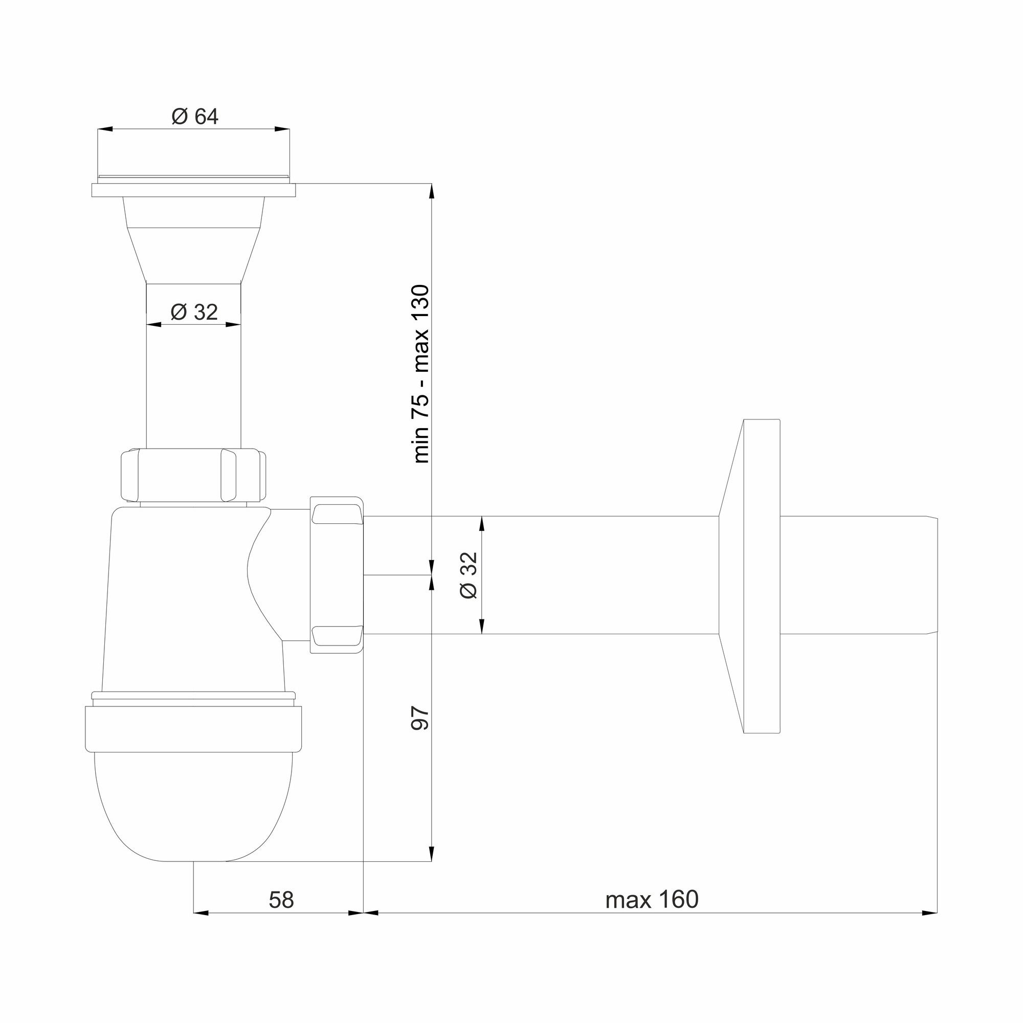 Syfon do umywalki butelkowy, metalowe sitko, odpływ: fi 32 mm 1