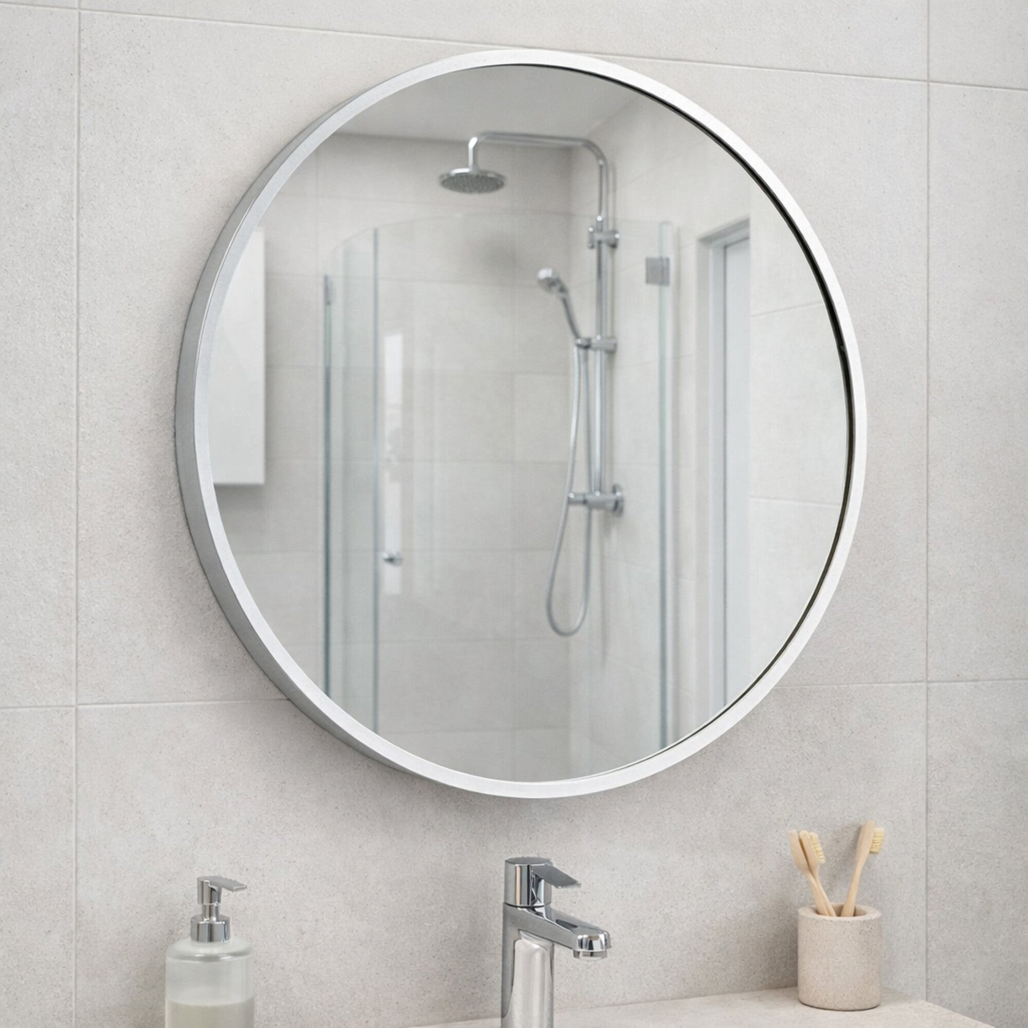 Lustro okrągłe 70 cm z ramą srebrną 2