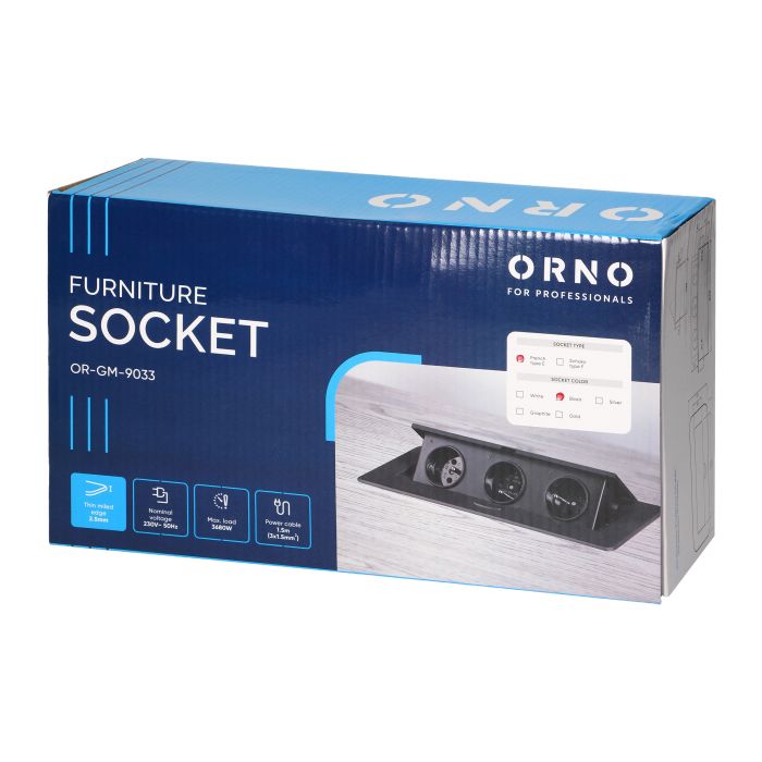 Gniazdo meblowe wpuszczane w blat z płaskim frezowanym rantem i przewodem 1,5m, 3x2P+Z, czarne 1