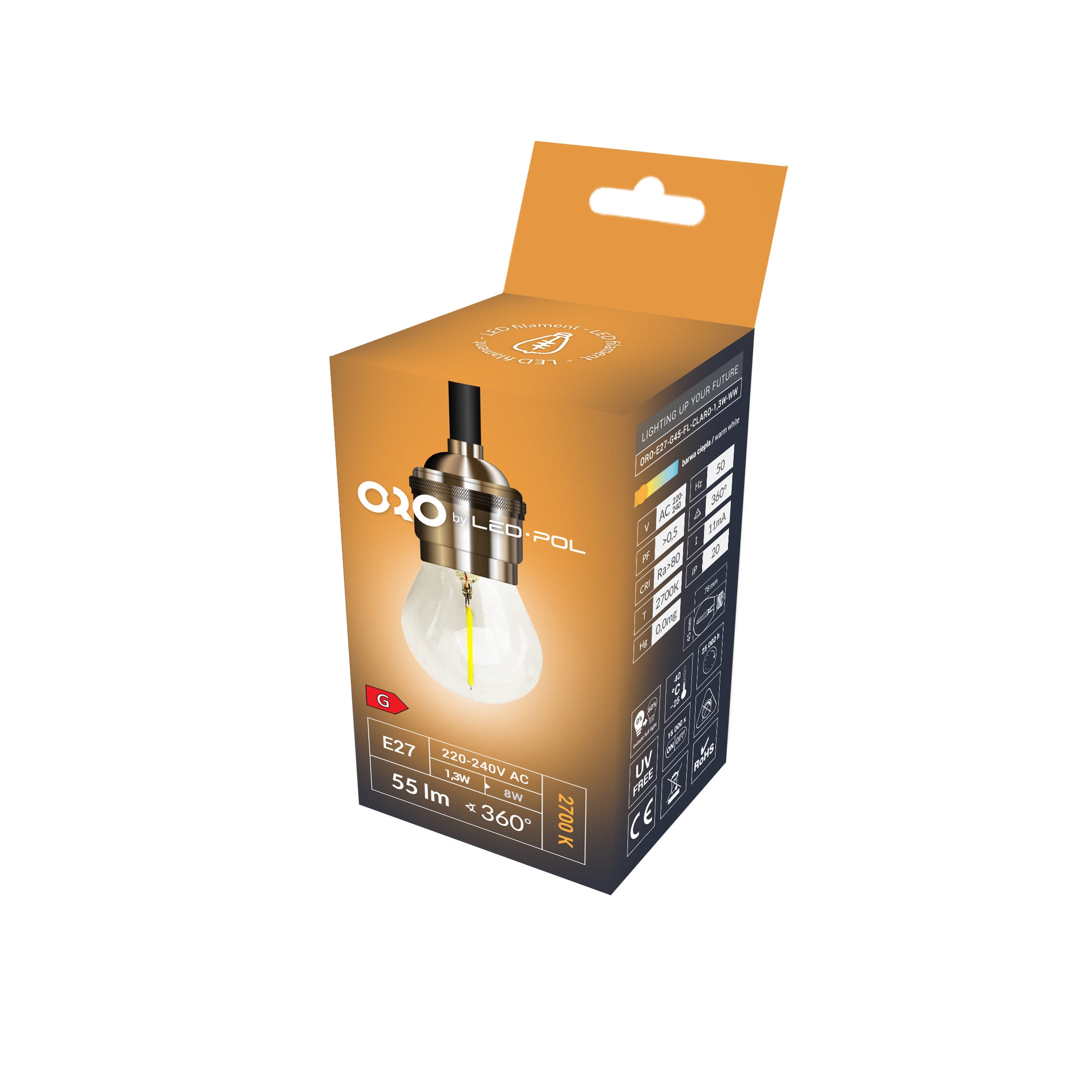 Żarówka LED E27 kulka filament 1,3W 55lm 2700K 3