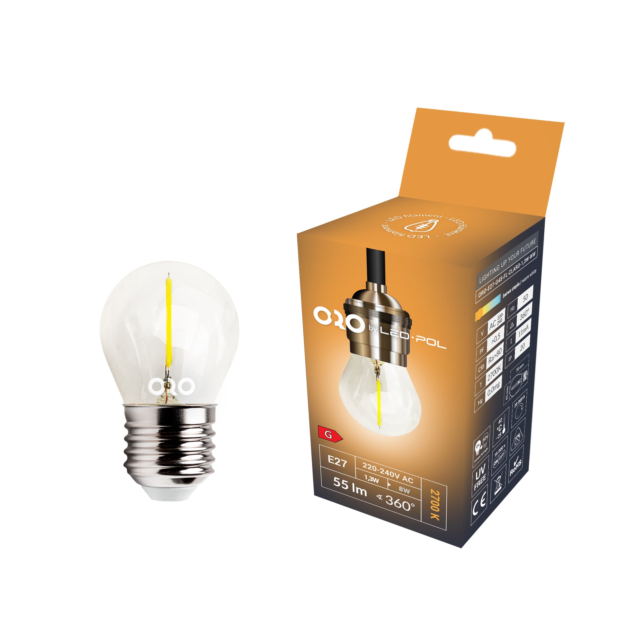 Żarówka LED E27 kulka filament 1,3W 55lm 2700K 2