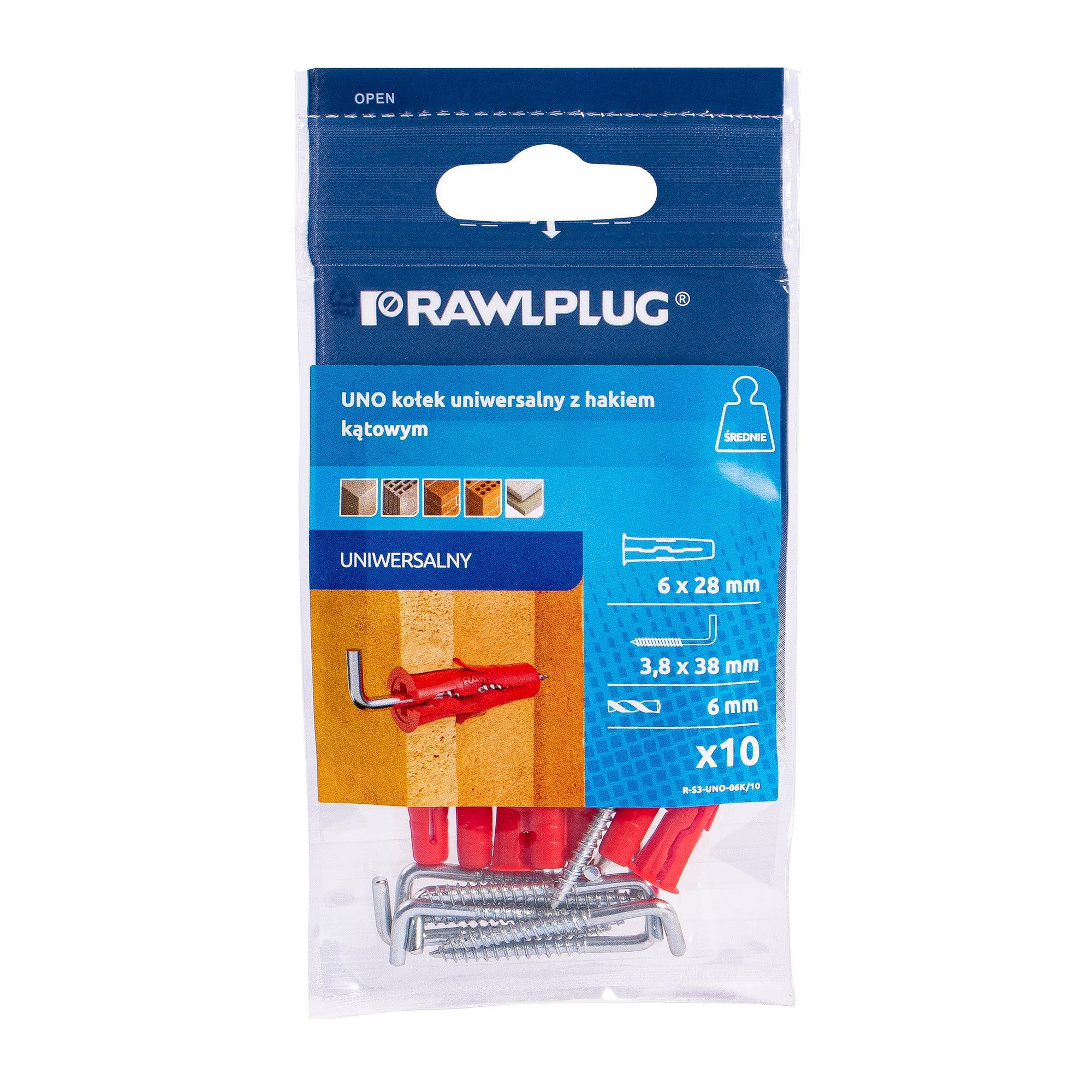 Kołek uniwersalny UNO 6x28 mm z hakiem kątowym (10 szt.)