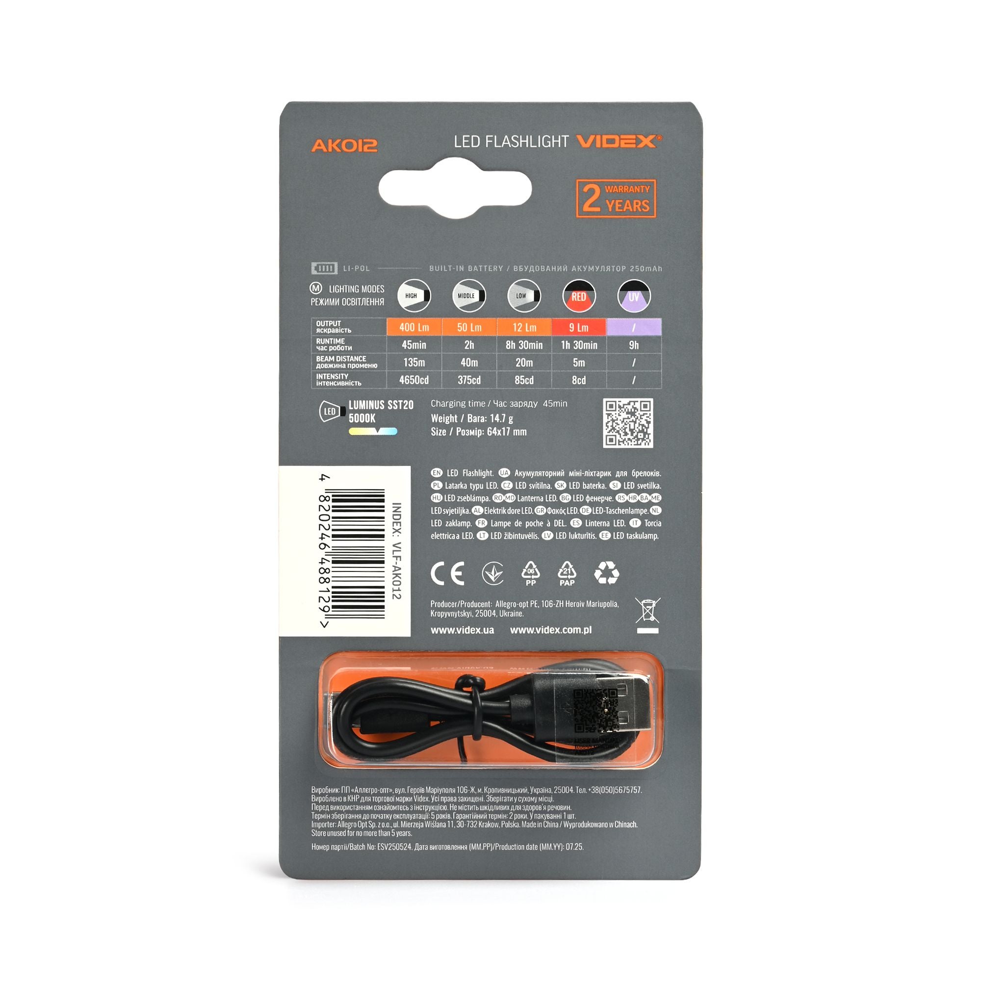 Mini latarka LED brelok VLF-AK012 400lm 5000K 8