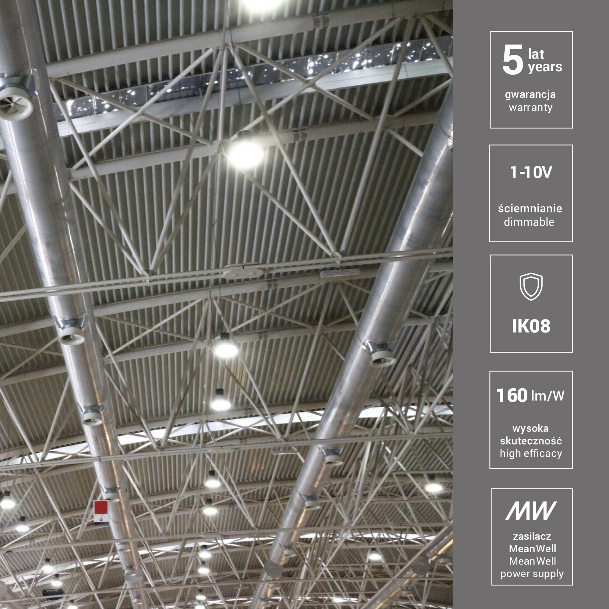 Oprawa HighBay 200W, 23000Lm strumień użyteczny, 4000K, IP65, IK07, 5 lat gwarancji, diody LUMILEDS, zasilacz MW 4