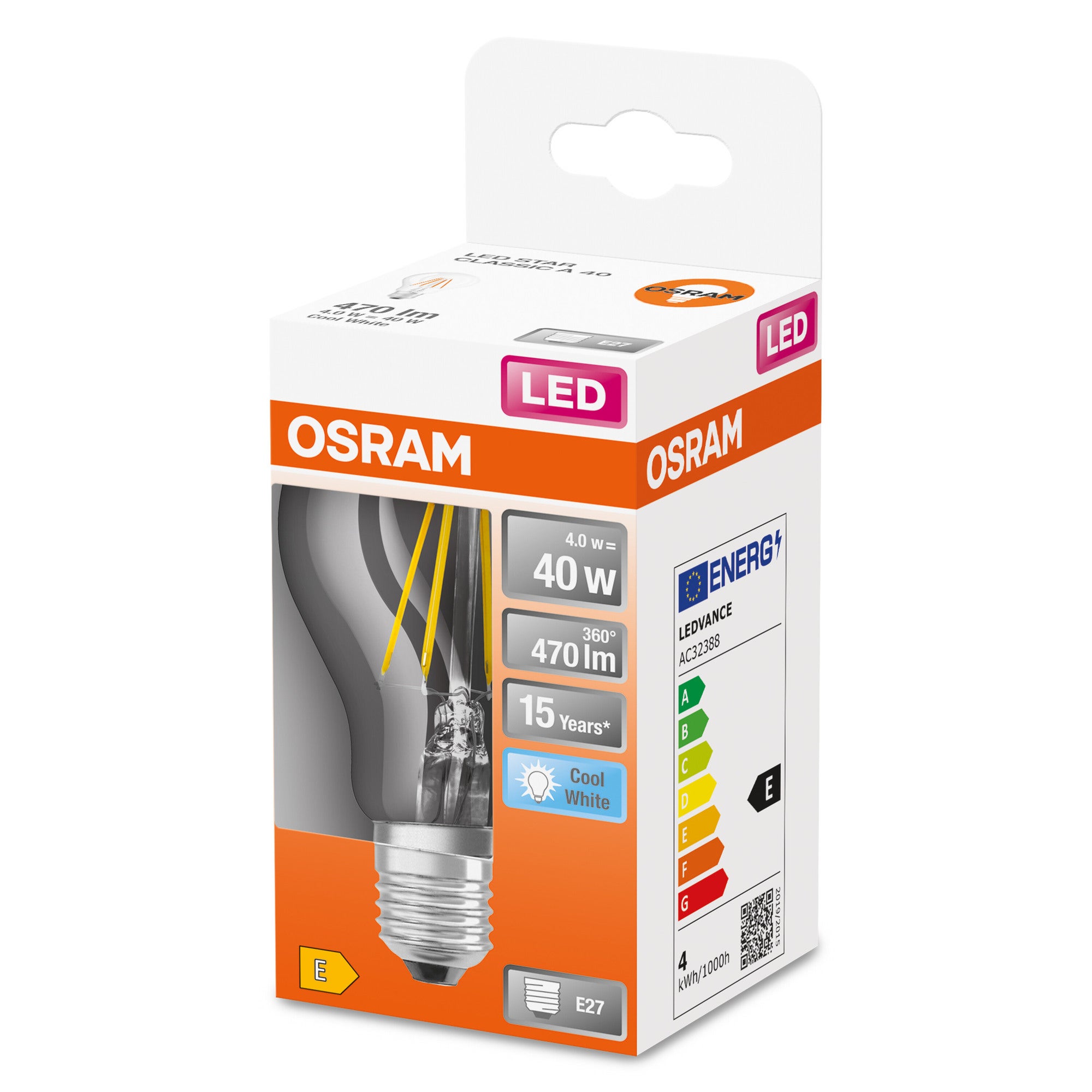 Żarówka LED typu filament E27, standardowa bańka, 4W, 470Lm, 4000K, OSRAM