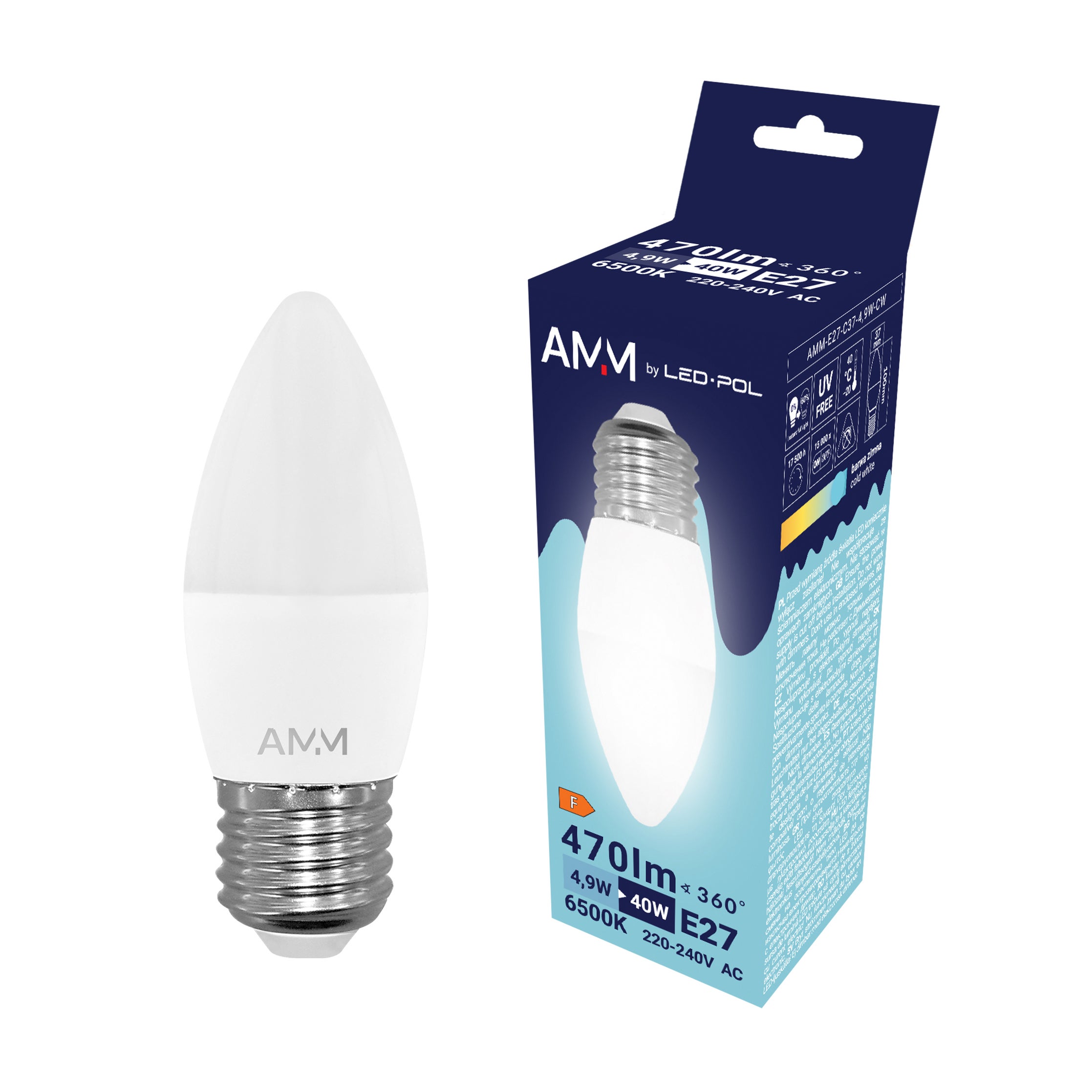 Lampa LED E27 C37 4,9W 470Lm 6500K 200° Fi37x100, klasa energetyczna  F 2