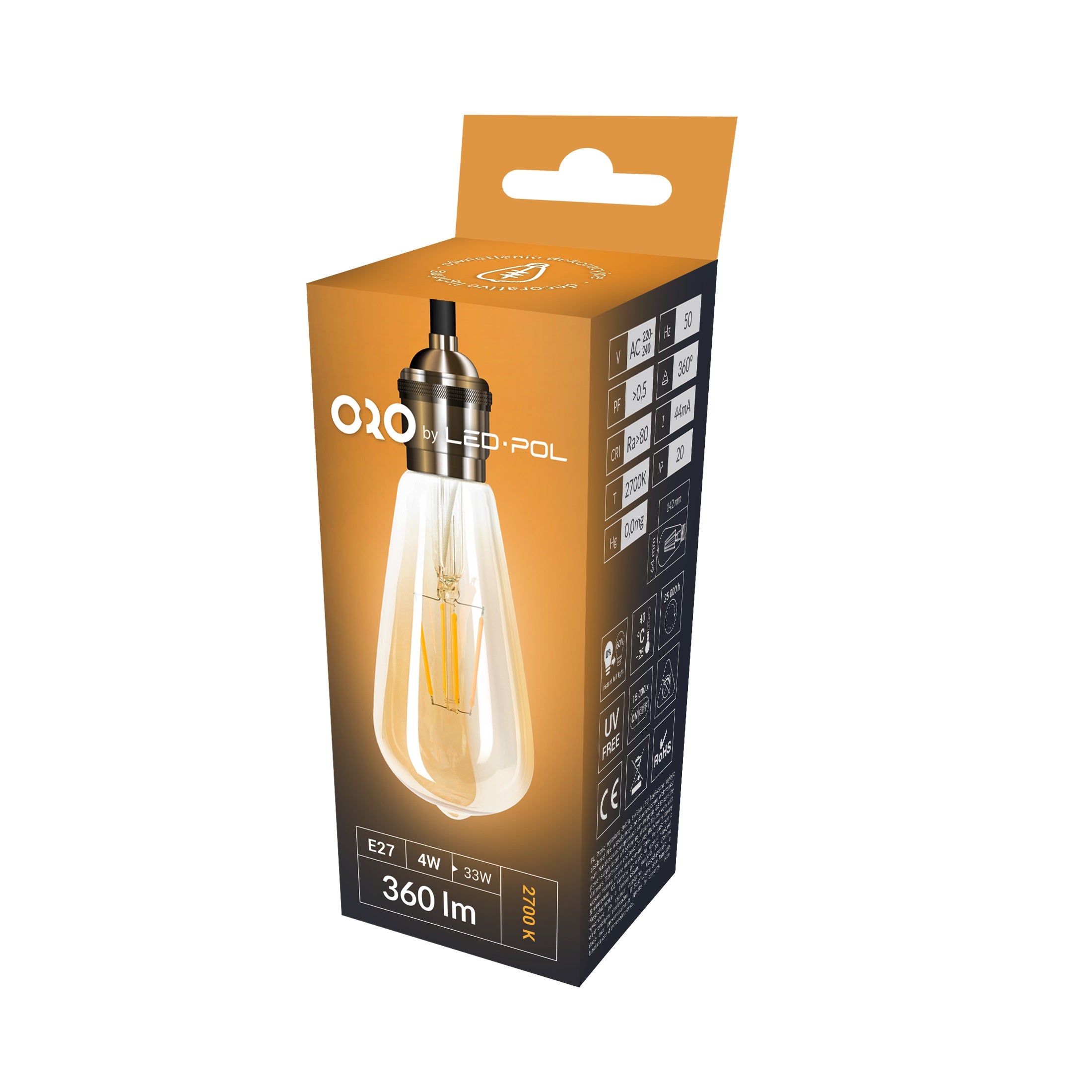 Żarówka LED E27 filament ST64 4W 440lm 2200K bursztynowa 2