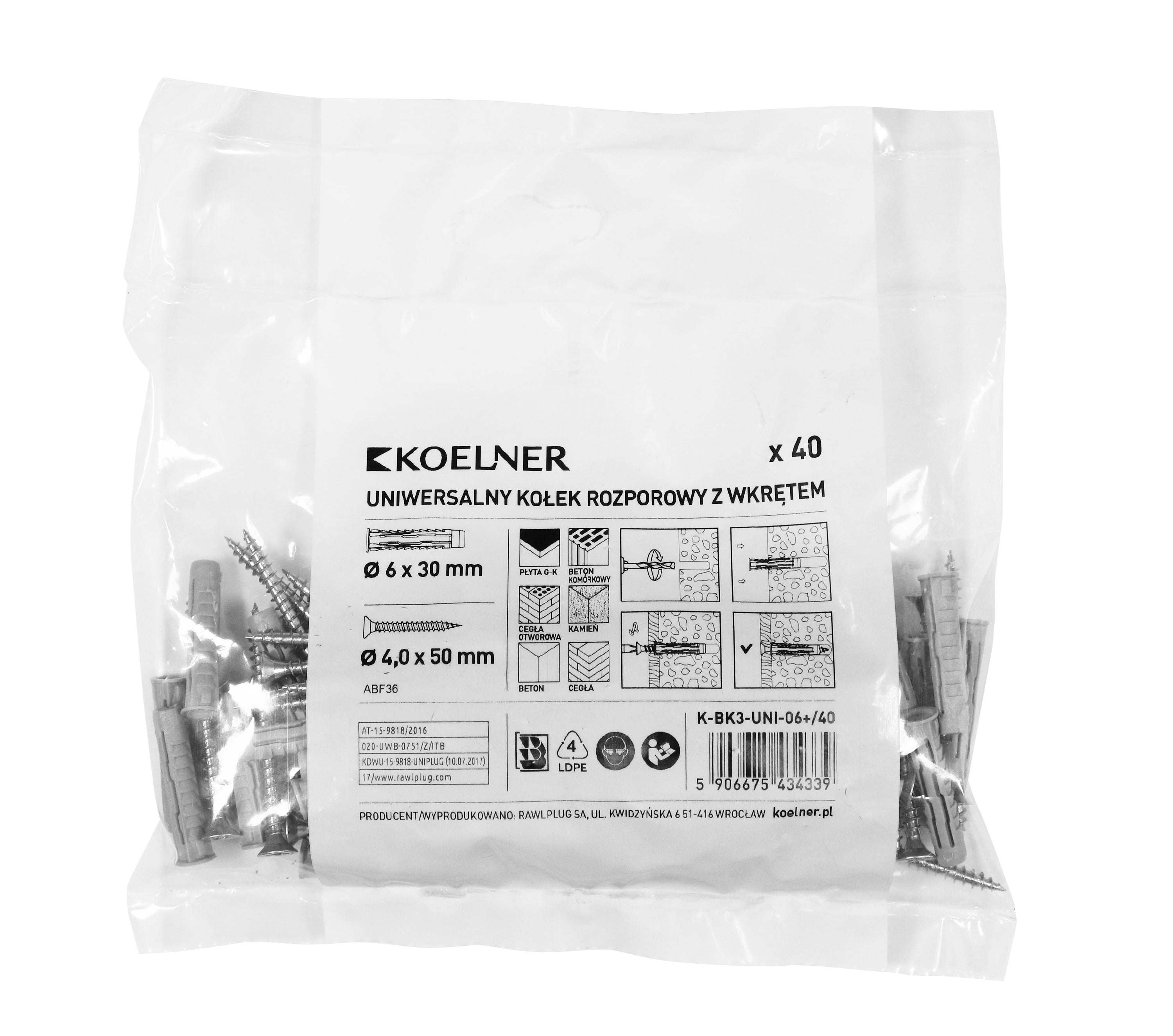 Kołek uniwersalny UNIPLUG 6x30 mm z wkrętem (40 szt.)  1