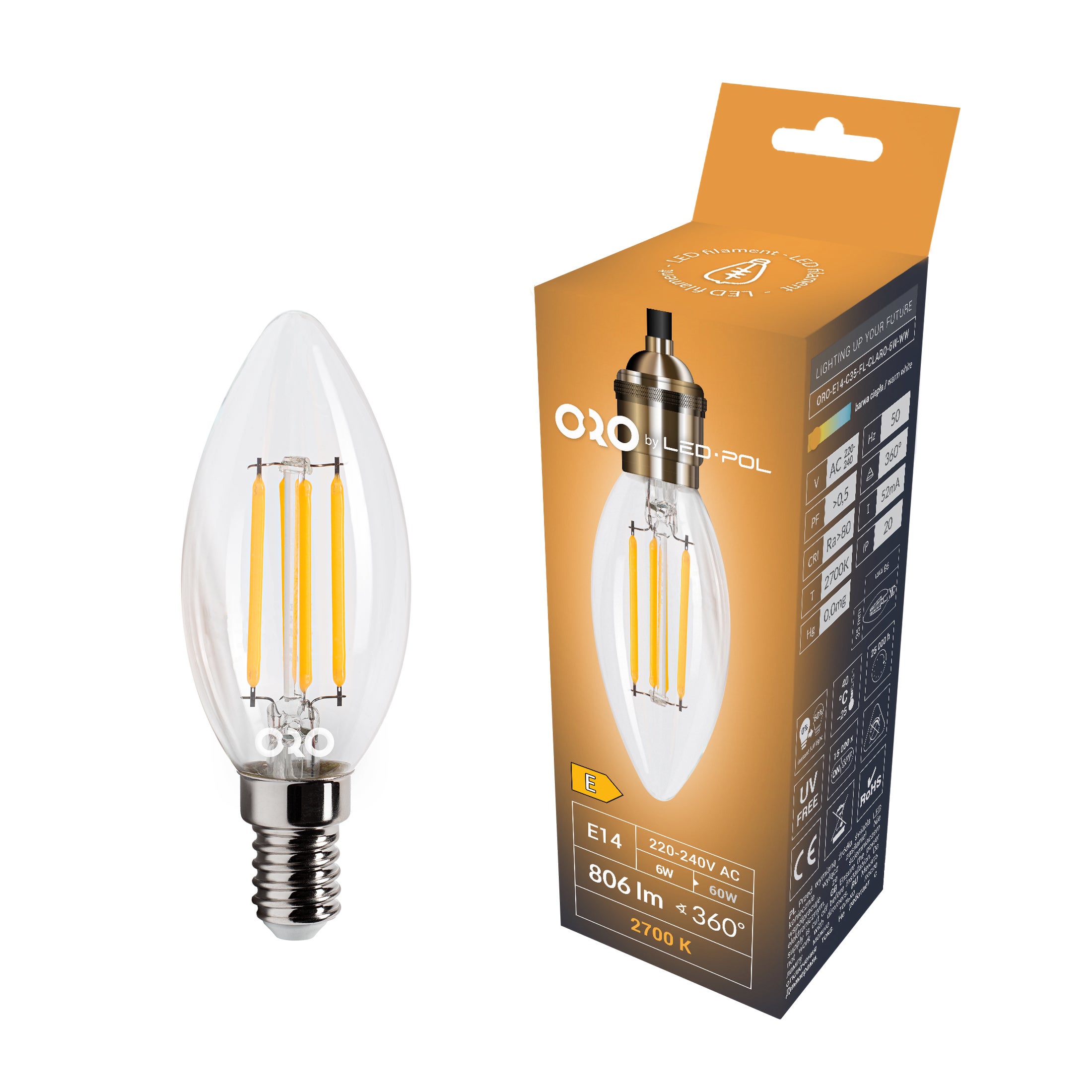 Żarówka LED E14 świeca filament C35 6W 806lm 2700K 3