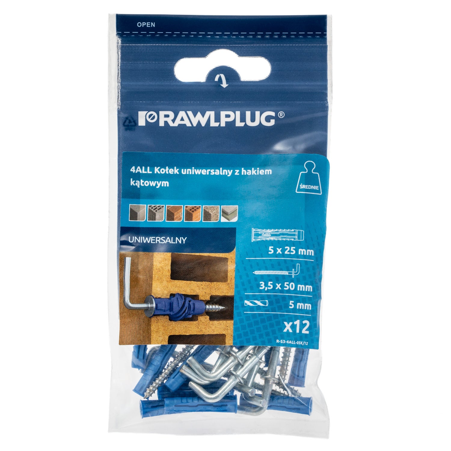 Kołek uniwersalny 4ALL 5x25 mm z hakiem kątowym (12 szt.)  1