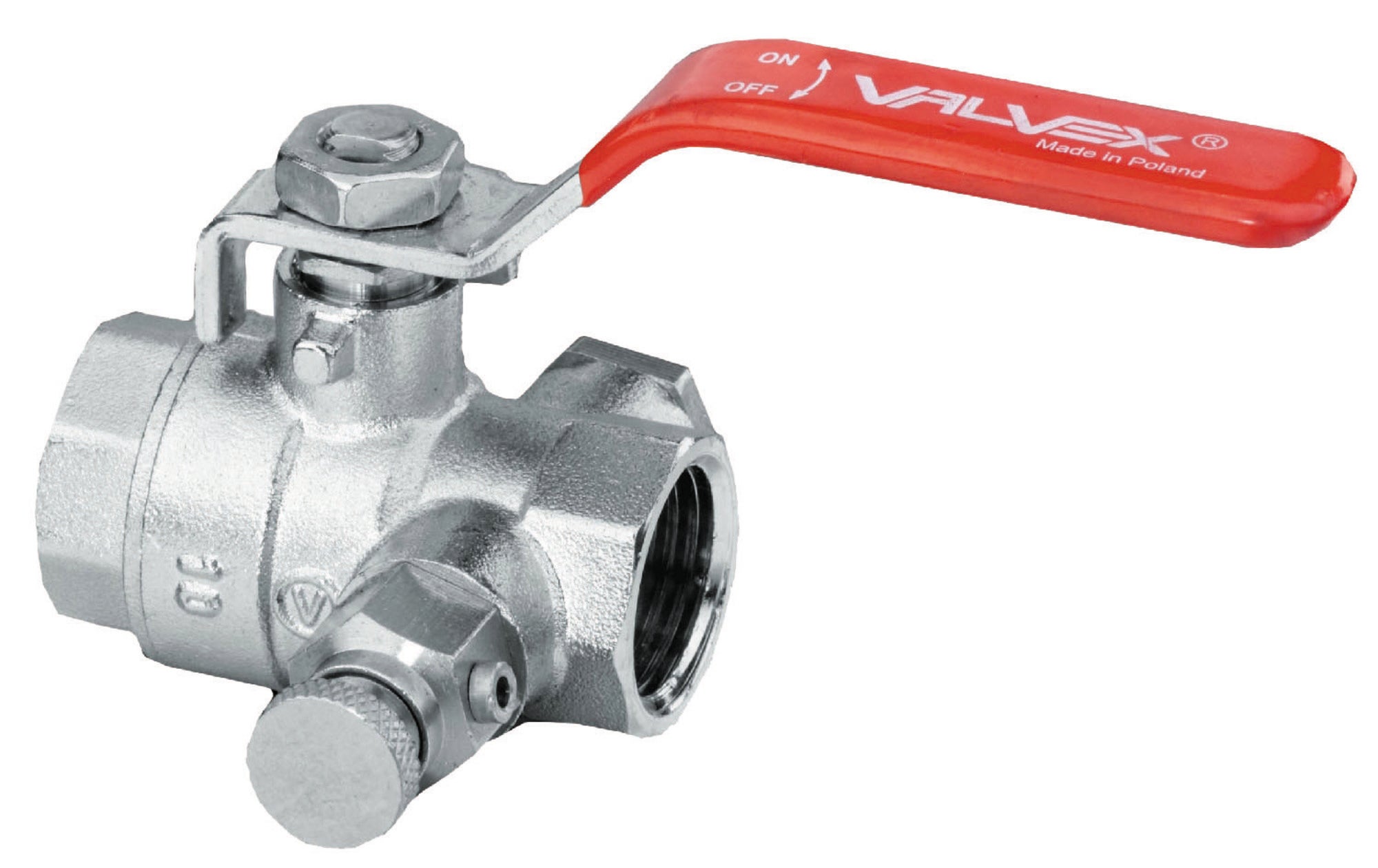 Zawór kulowy 1/2" z korkiem, zaworem spustowym, dławikiem i dźwignią