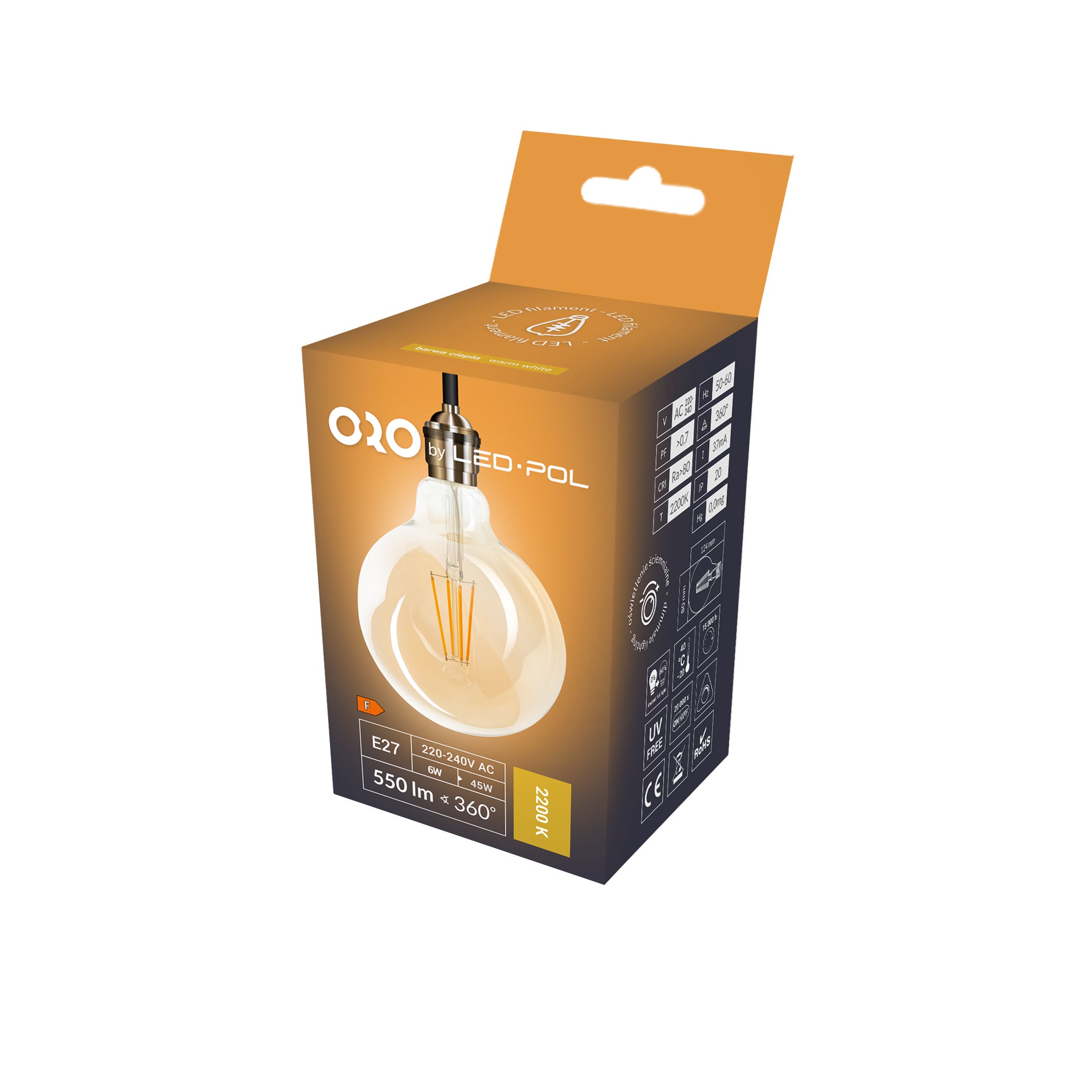 Żarówka LED E27 Filament 6W 550Lm 2200K średnica 80mm bursztynowa ściemnialna 3