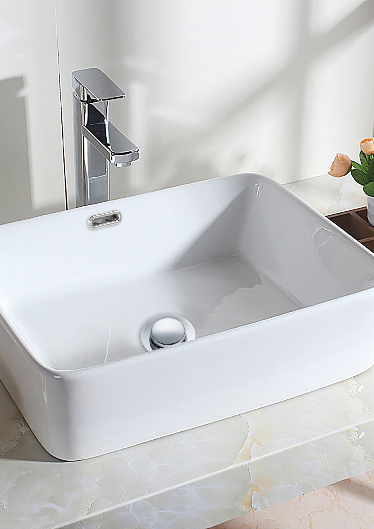 Korek umywalkowy mosiężny klik-klak, z koszyczkiem i przelewem, chrom 2