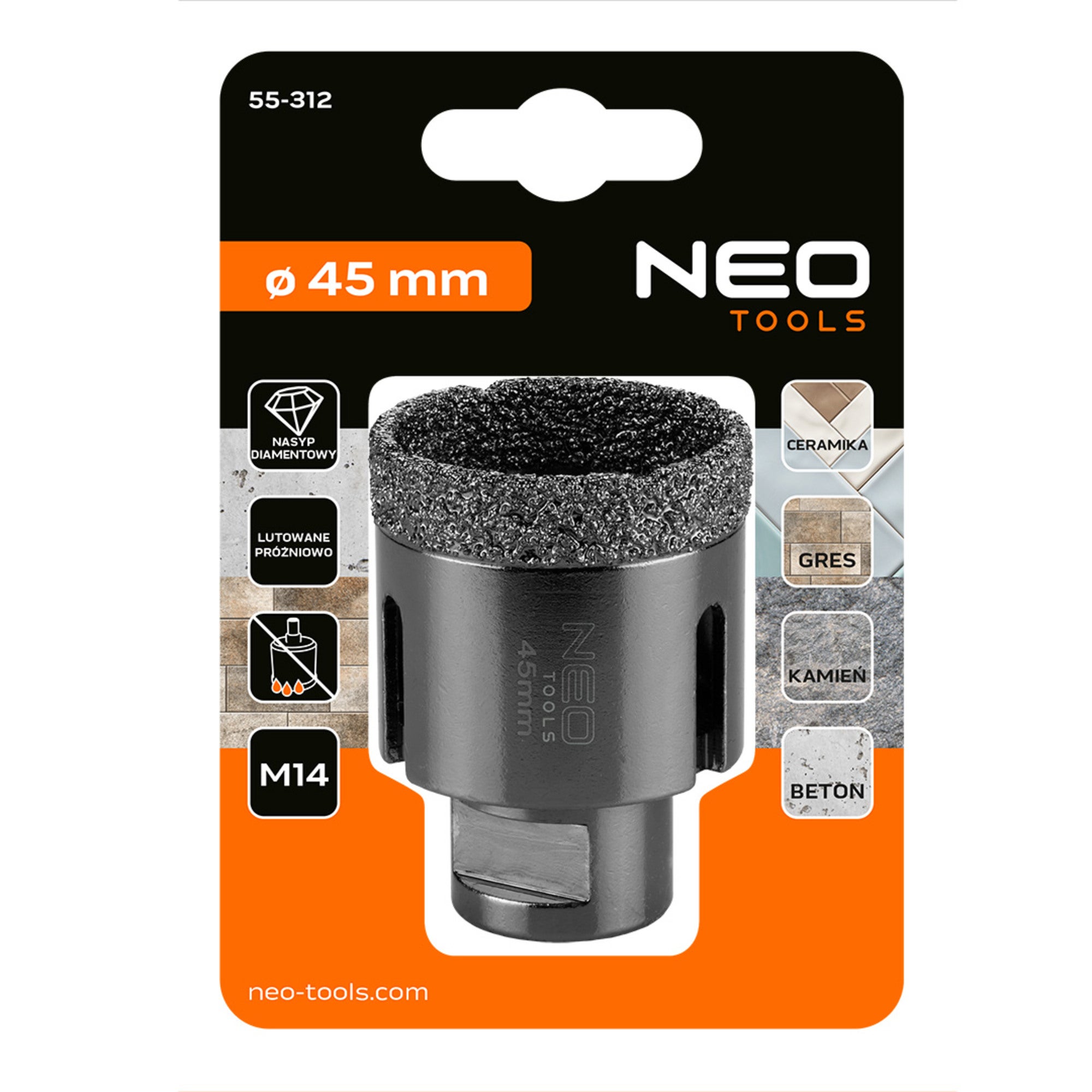 Otwornica diamentowa NEO TOOLS do pracy na sucho, 45 mm, uchwyt M14
