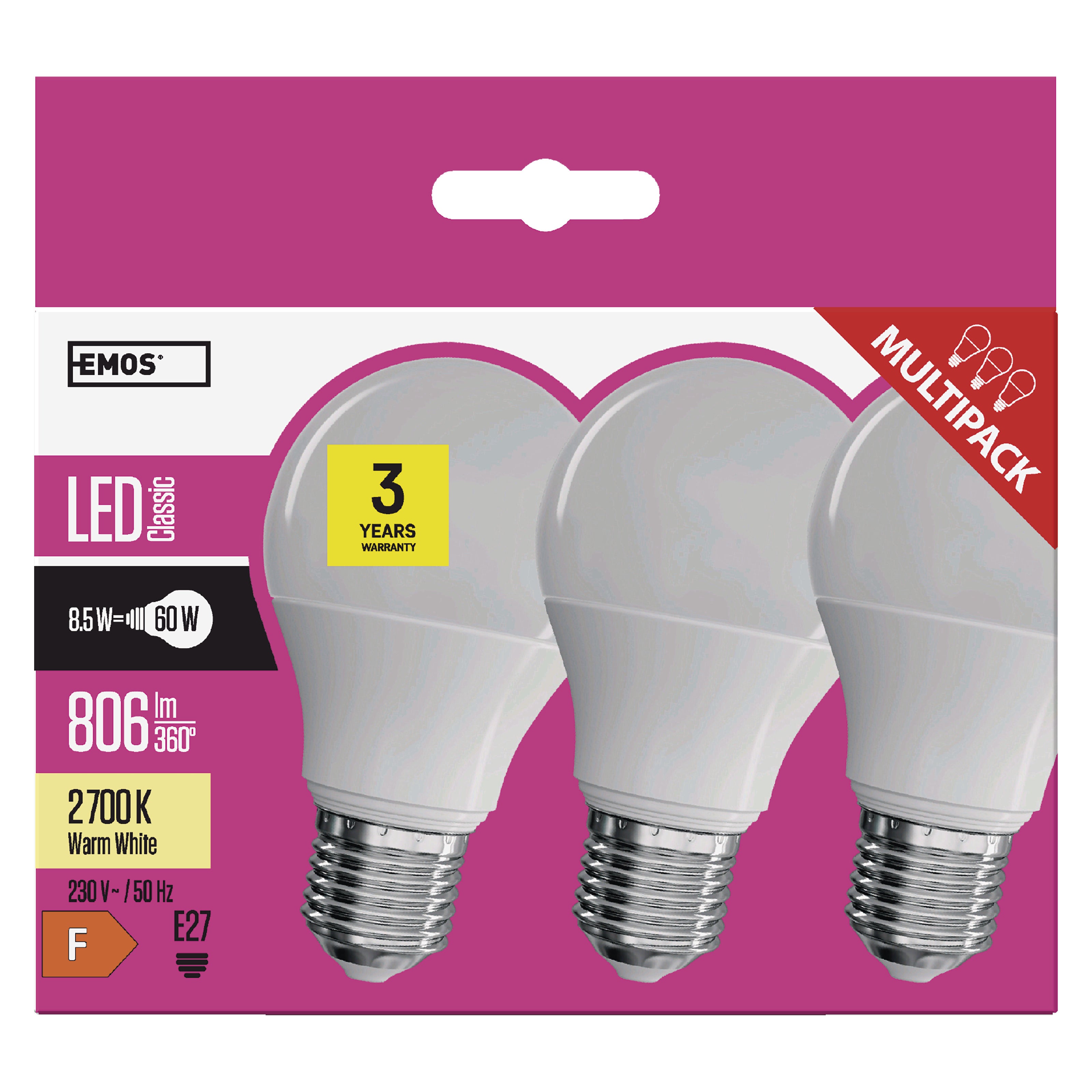 3x żarówka LED E27 A60 7W 806lm 3000K 3