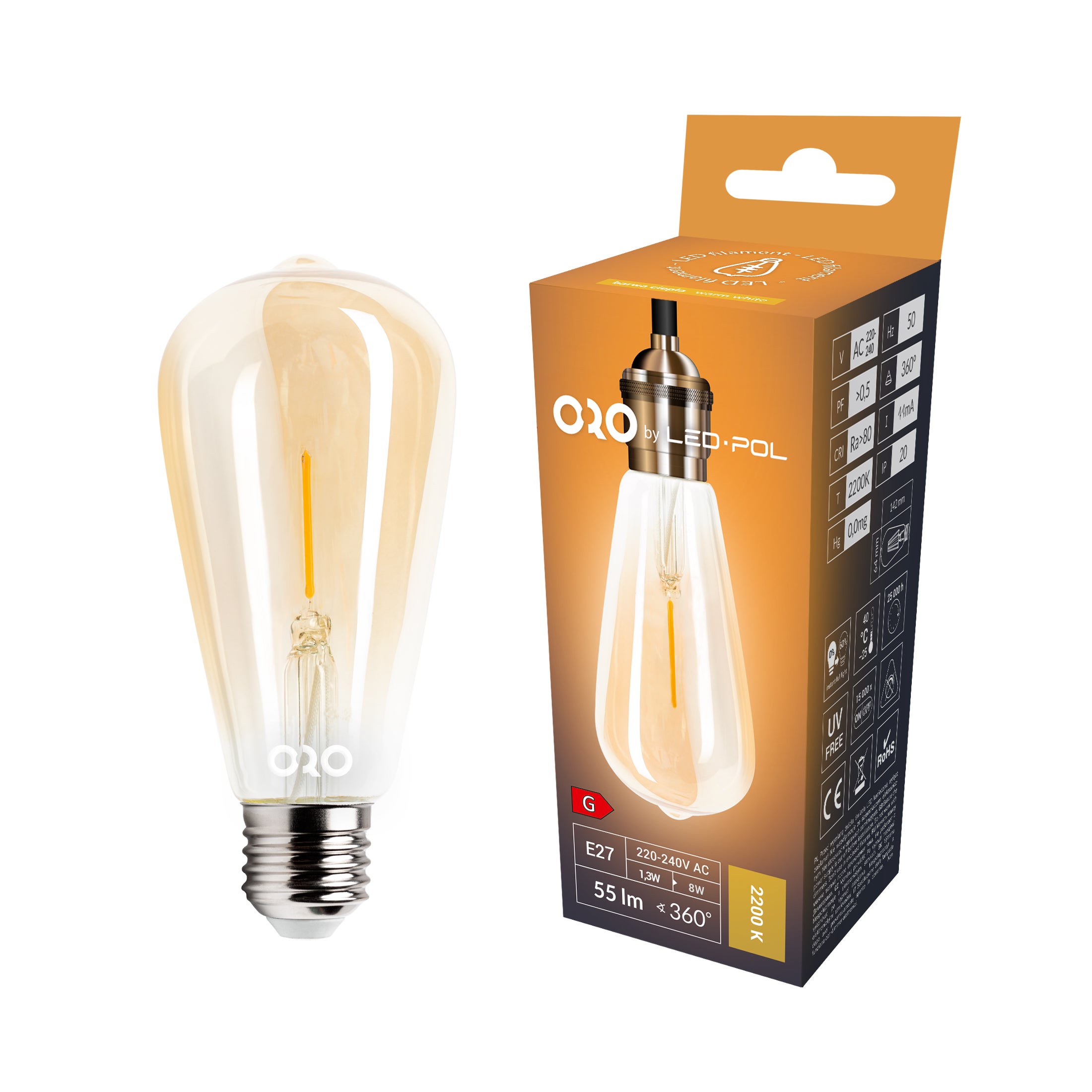 Żarówka LED E27 Filament 1,3W 55Lm 2200K ST64 bakłażan bursztynowa 2