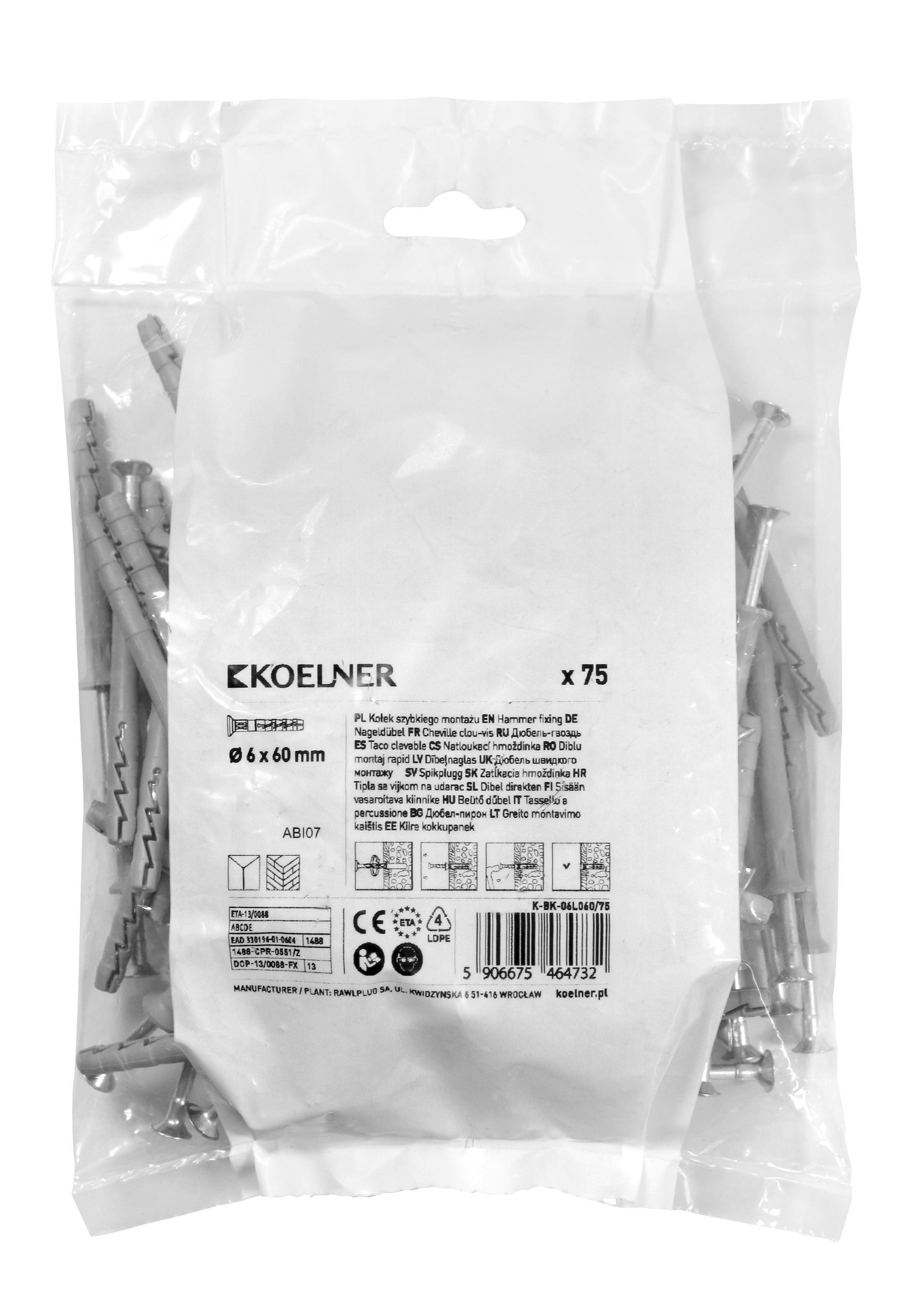 Kołek szybki montaż 6x60 mm z kołnierzem lejącym (75 szt.) 1