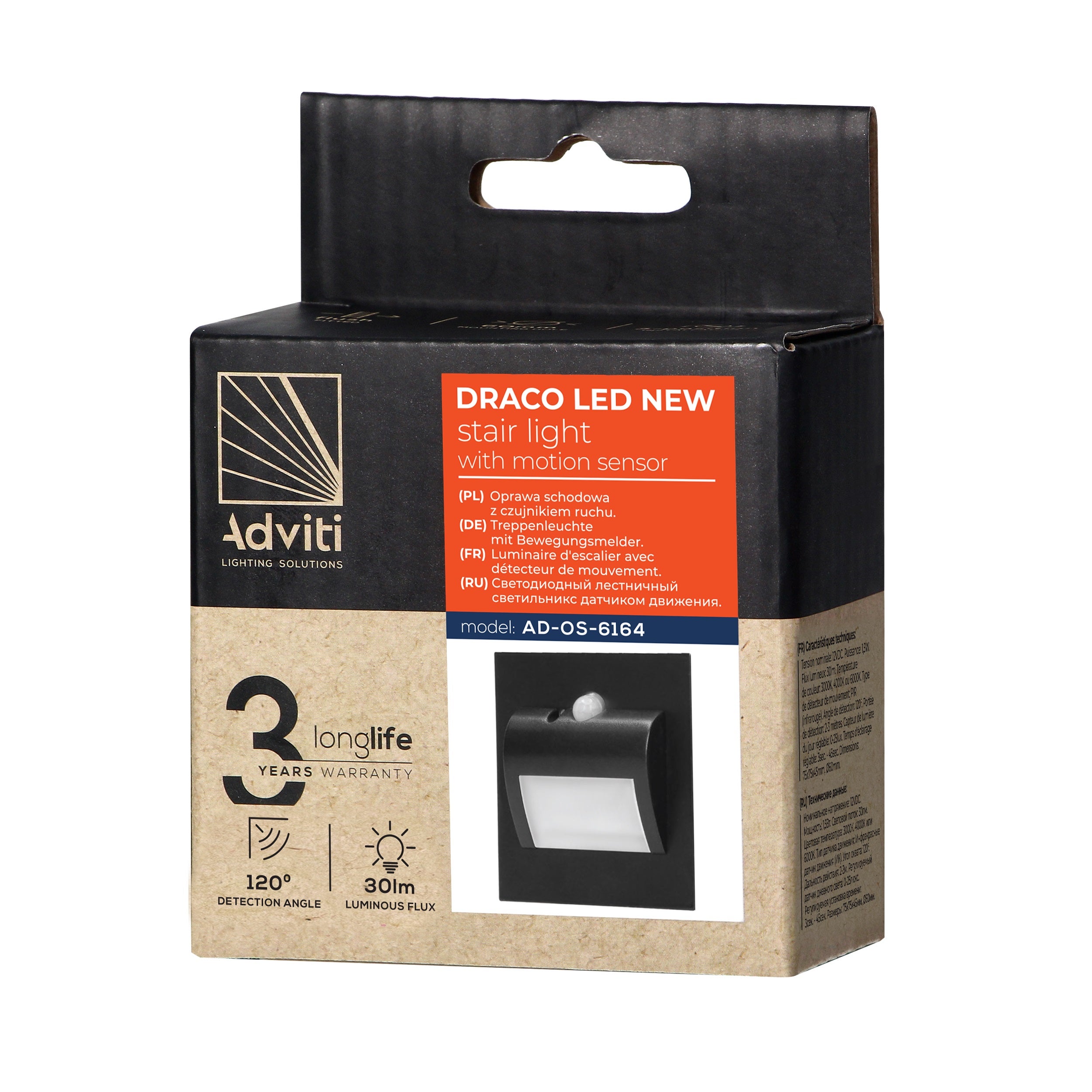 Oprawa schodowa podtynkowa puszka fi60, biała, 1,5W, 30Lm, 4000K, zasilanie 12V DC, czujnik ruchu i zmierzchu 1