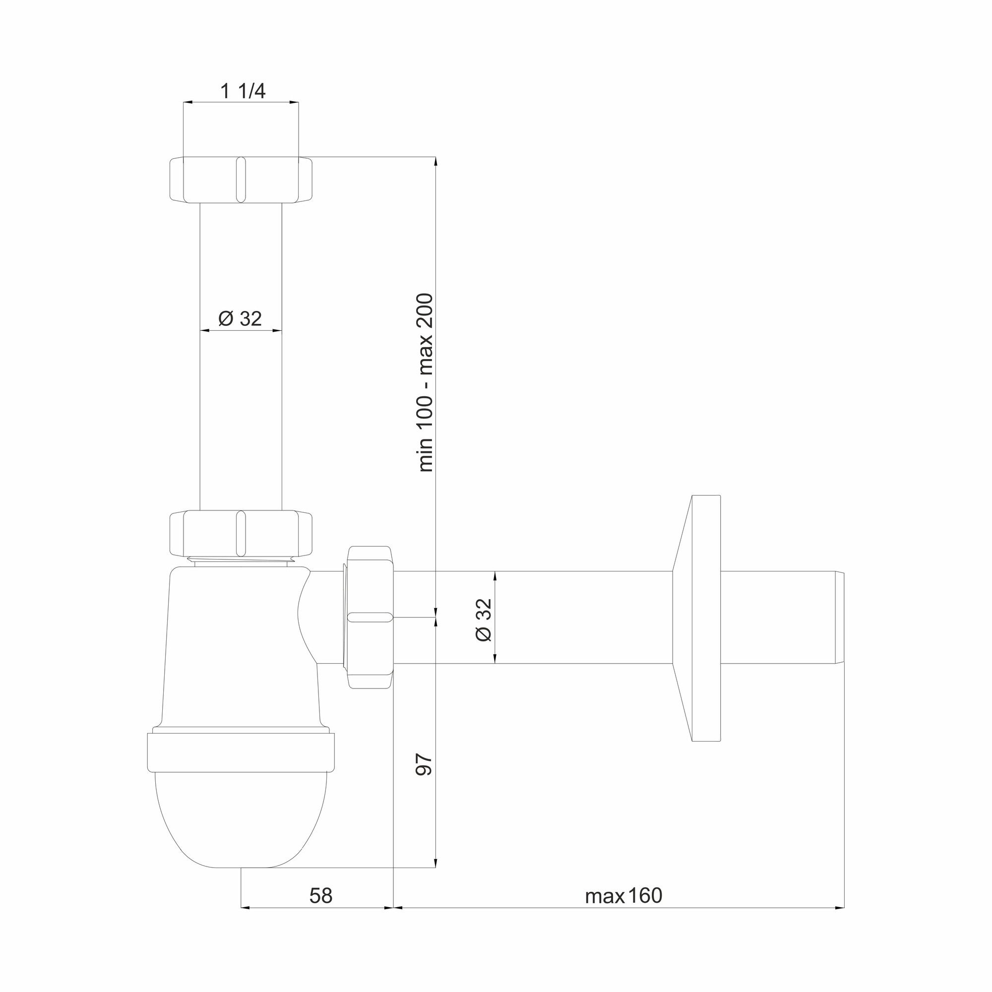 Syfon do umywalki butelkowy bez spustu, odpływ: fi 32 mm 1