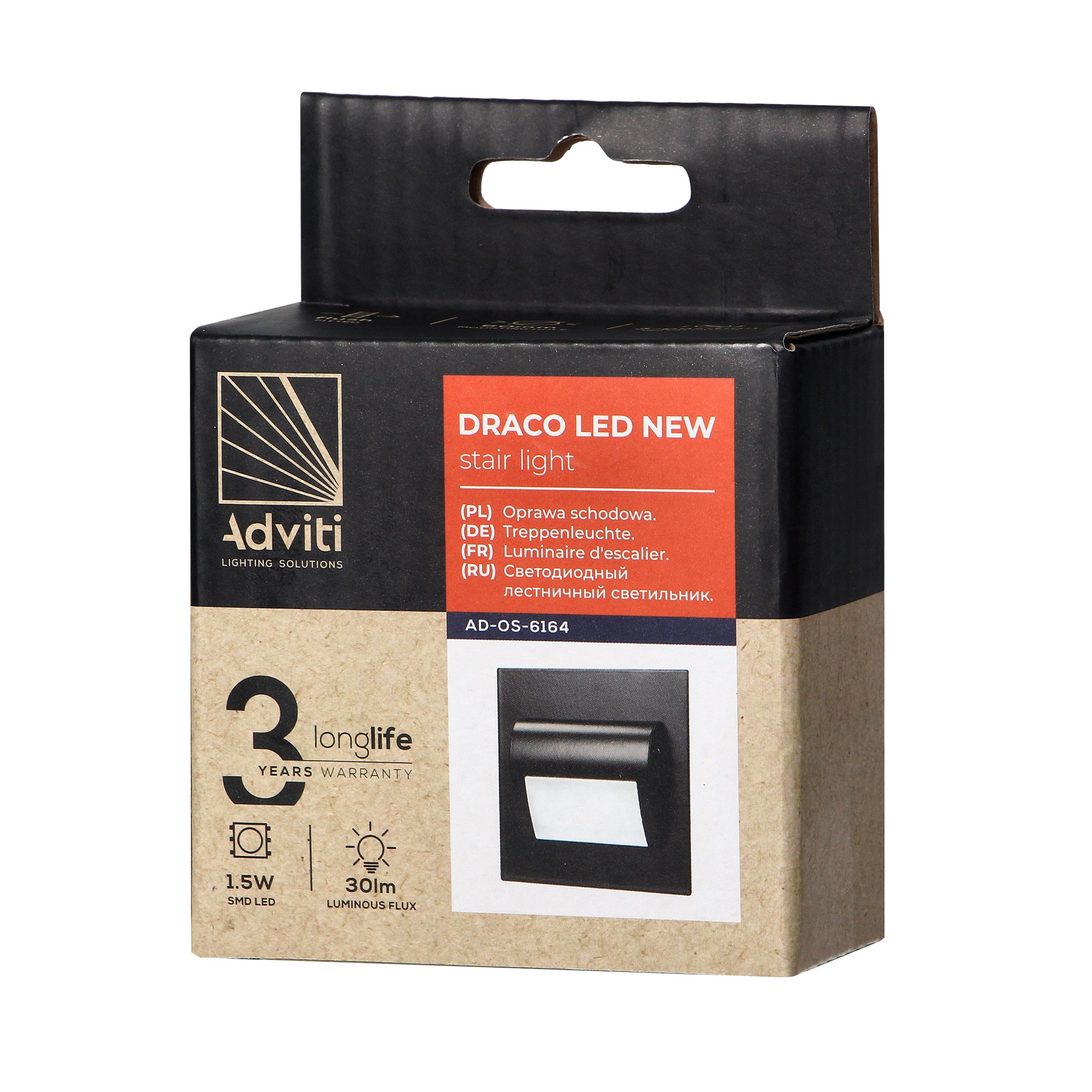 Oprawa schodowa podtynkowa puszka fi60, czarna, 1,5W, 30Lm, 3000K, zasilanie 12V DC 1