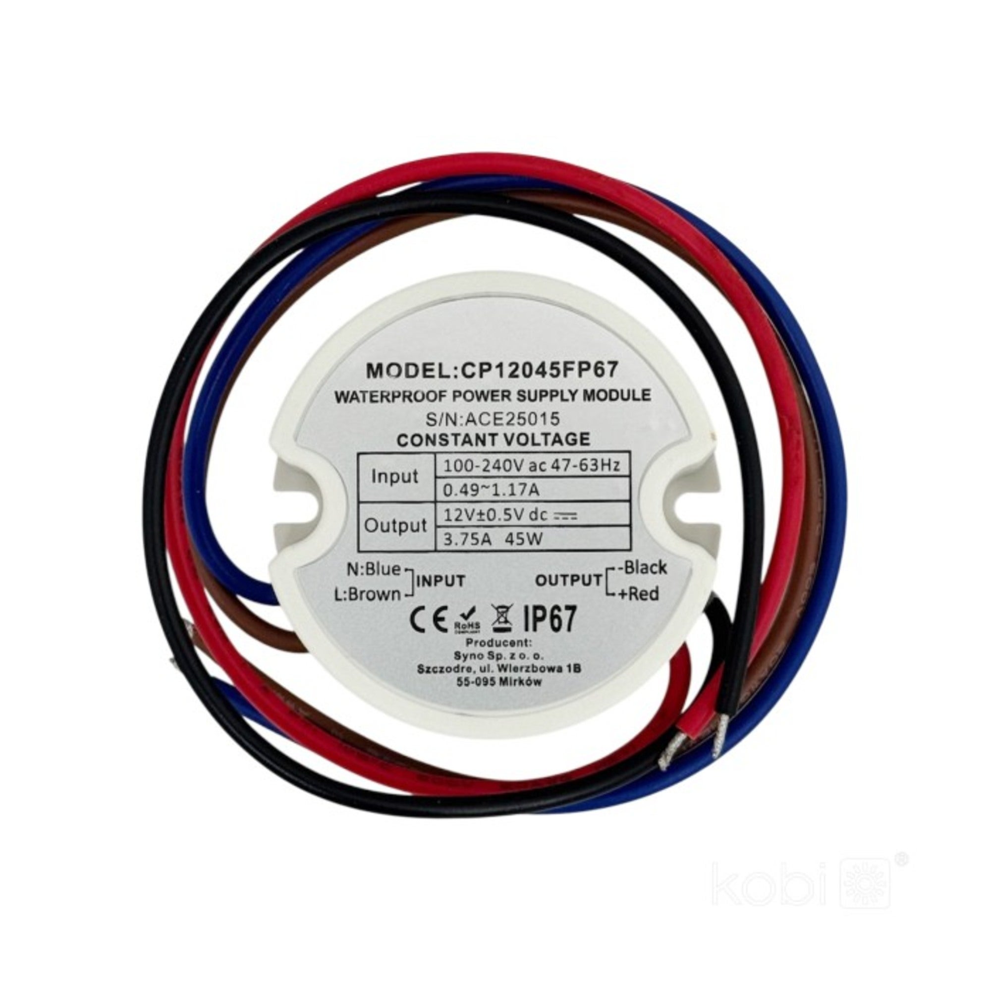 Zasilacz do taśm LED 45W 12V IP67 po puszki fi 60 mm