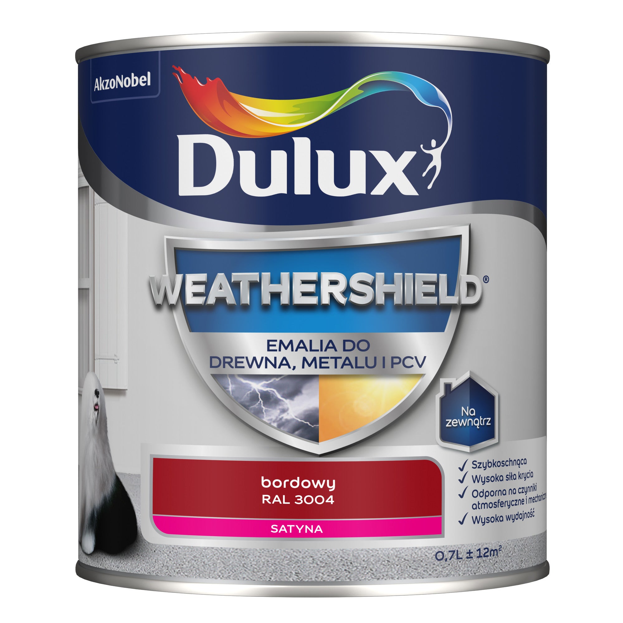 Dulux Weathershield Emalia do drewna, metalu i PCV RAL 3004 bordowy 0,7l