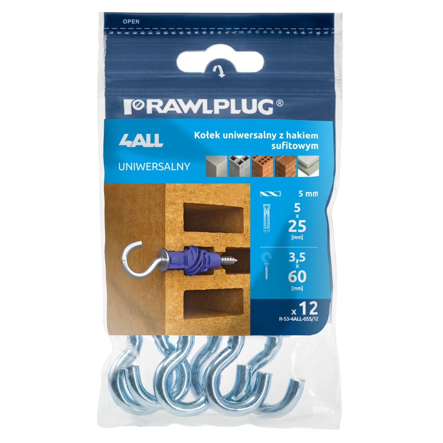 Kołek uniwersalny 4ALL 5x25 mm z hakiem sufitowym (12 szt.)  1