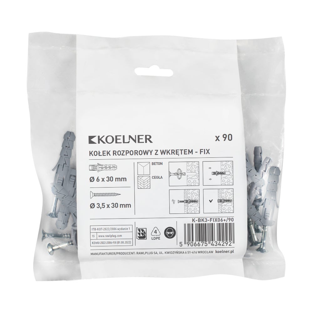 Kołek rozporowy FIX 6x30 mm z wkrętem (90 szt.) 1
